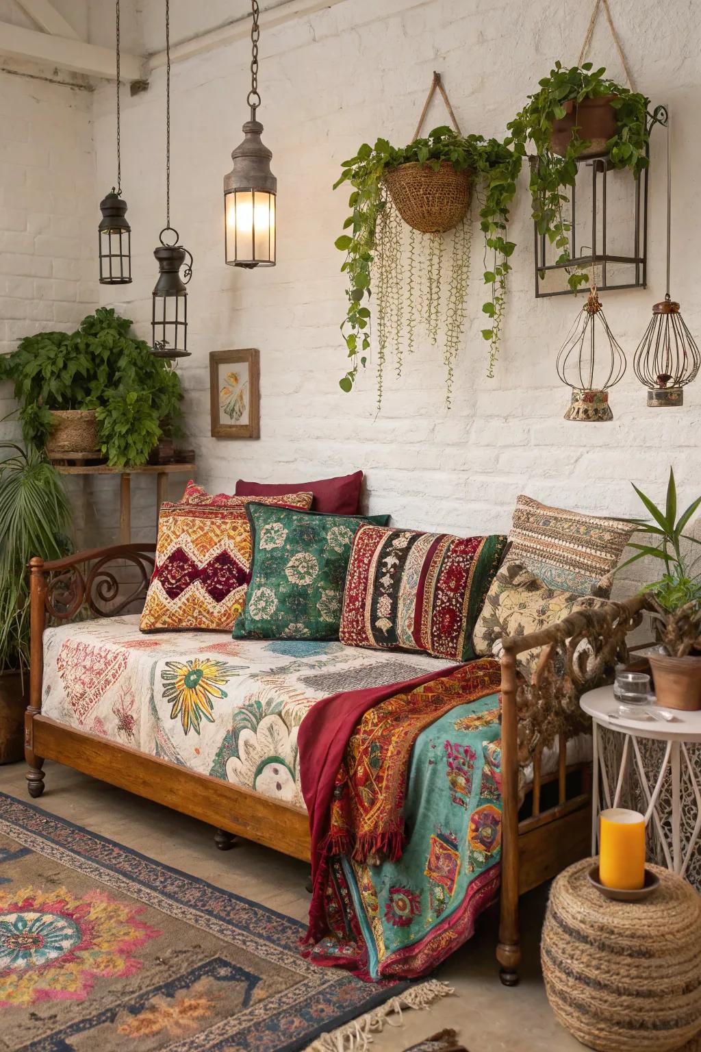 A bohemian-inspired daybed setup featuring vibrant textures and patterns.