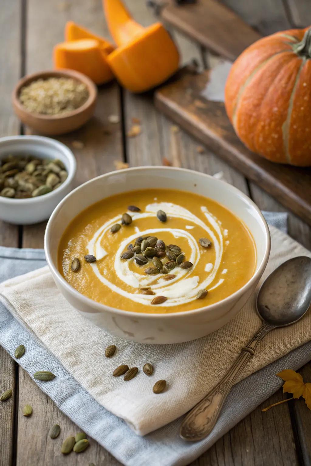 Velvety squash bisque, a warming appetizer to commence any December feast.