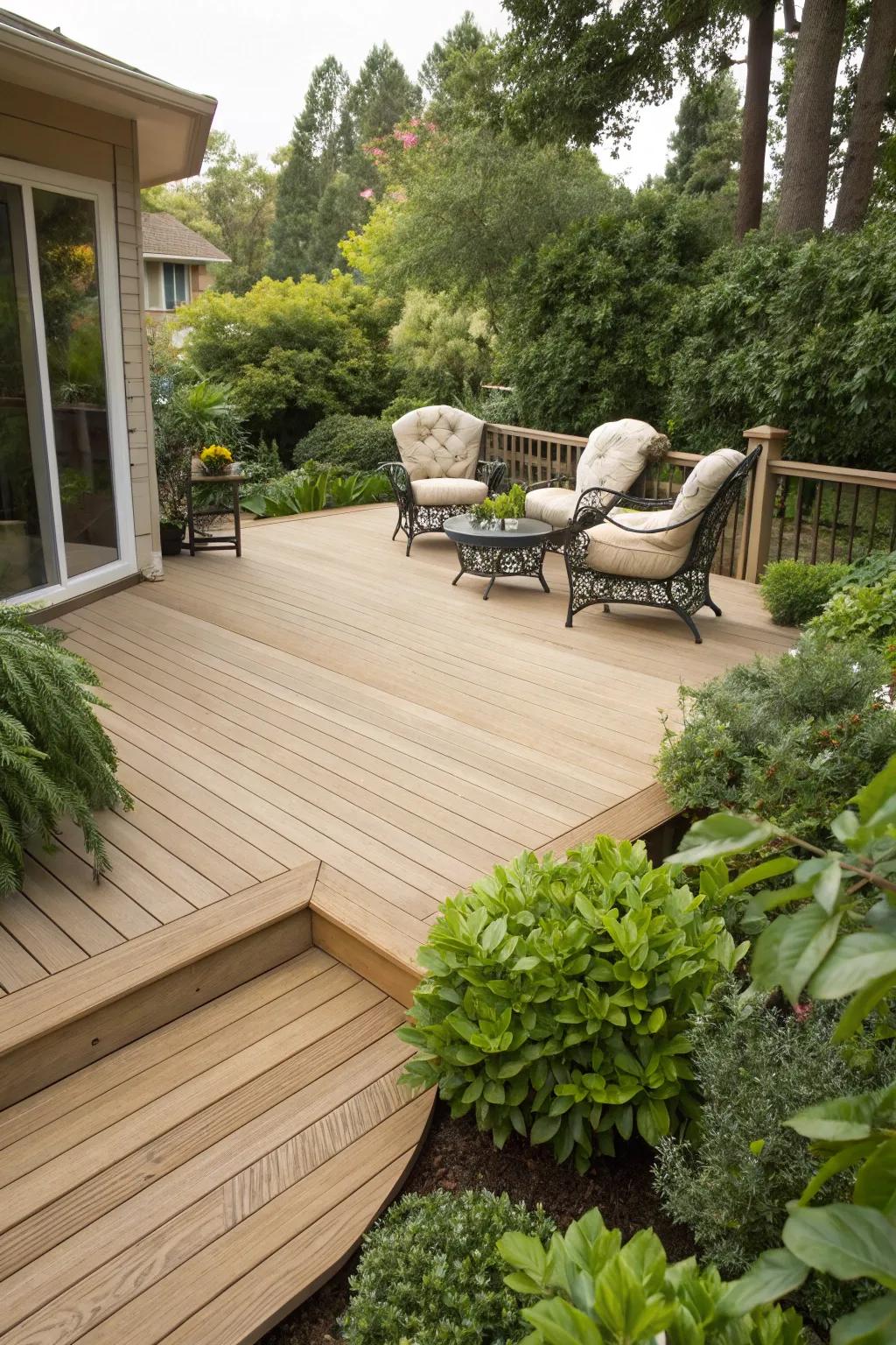 Light pecan decks blend beautifully with natural surroundings.