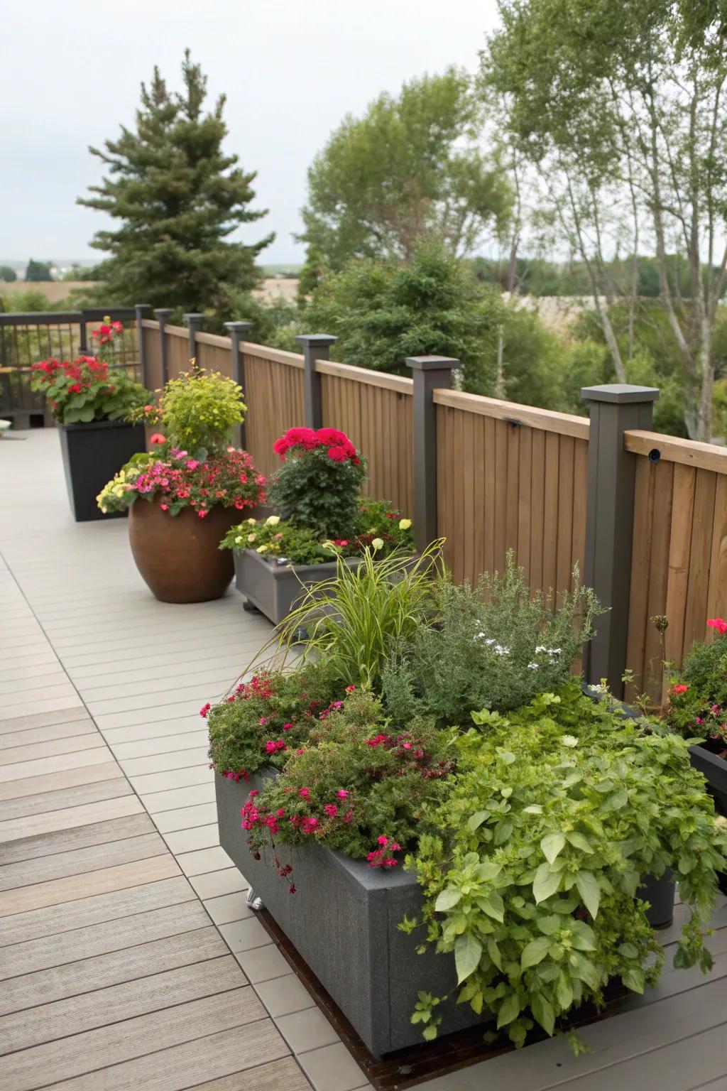 Adding greenery creates a tranquil and vibrant deck atmosphere.