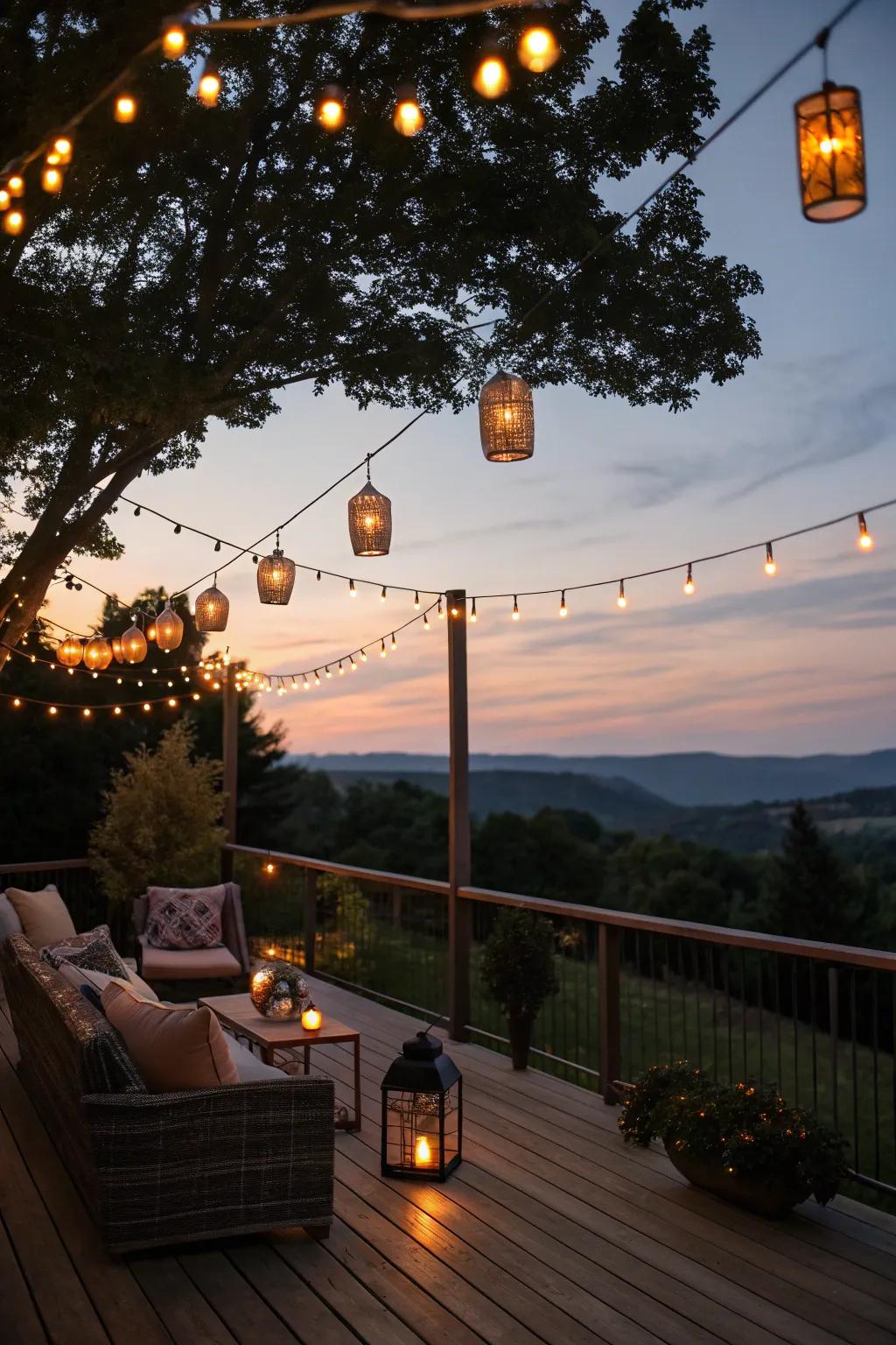 Deck lighting crafts a snug, magical ambiance for the evening.