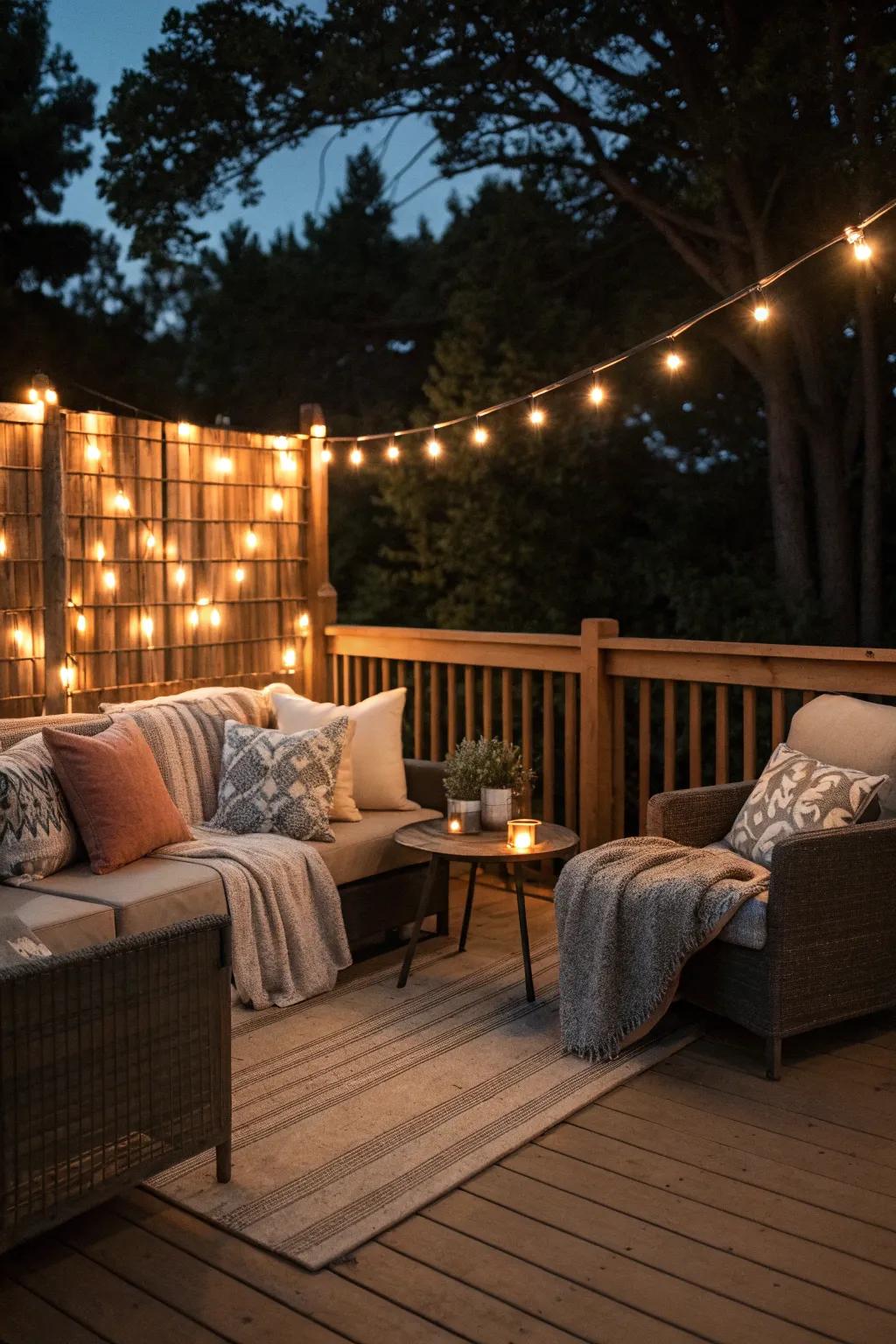 Ambient lighting enhances the charm of a privacy wall.