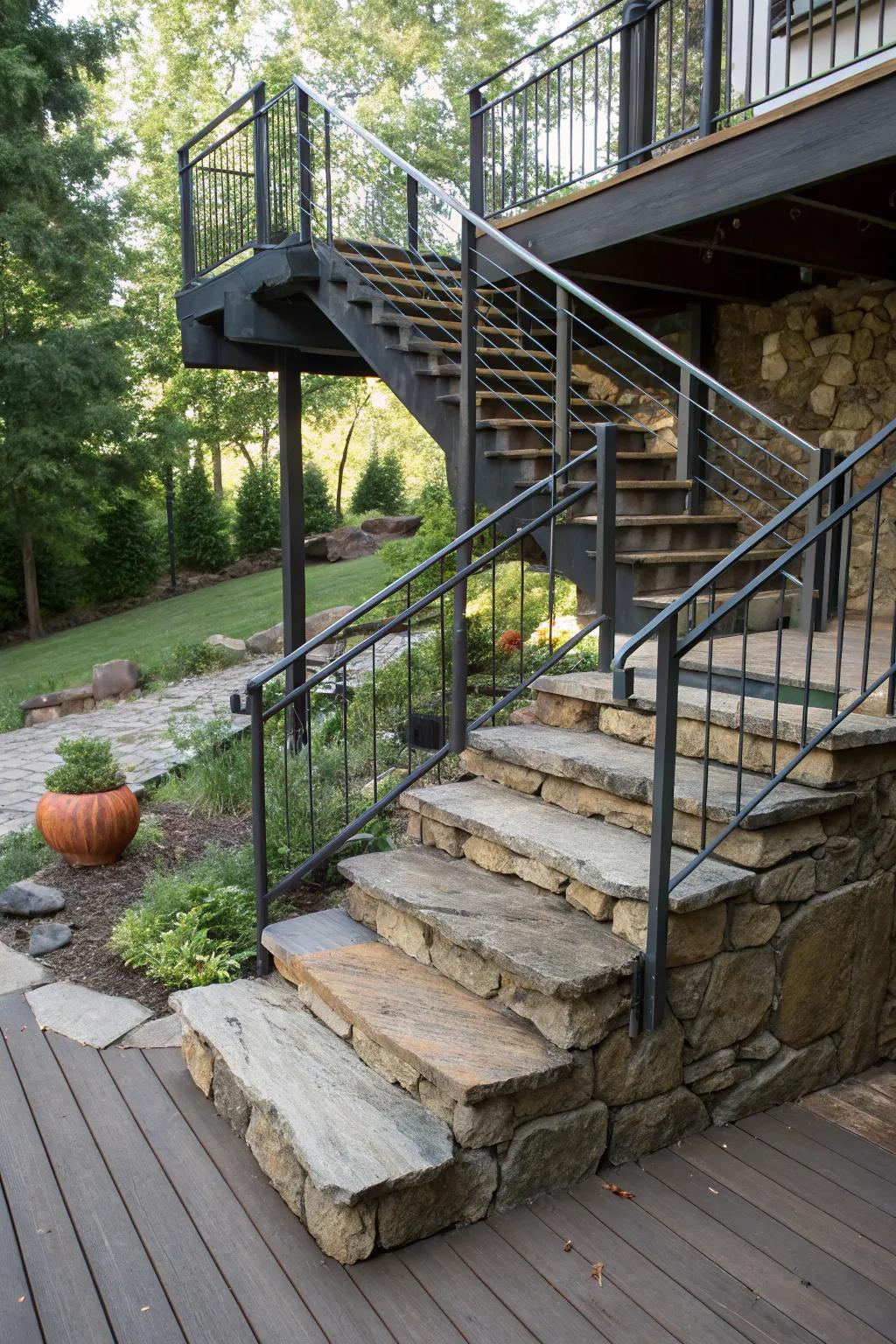 Unite rock and steel for an eye-catching stair design.
