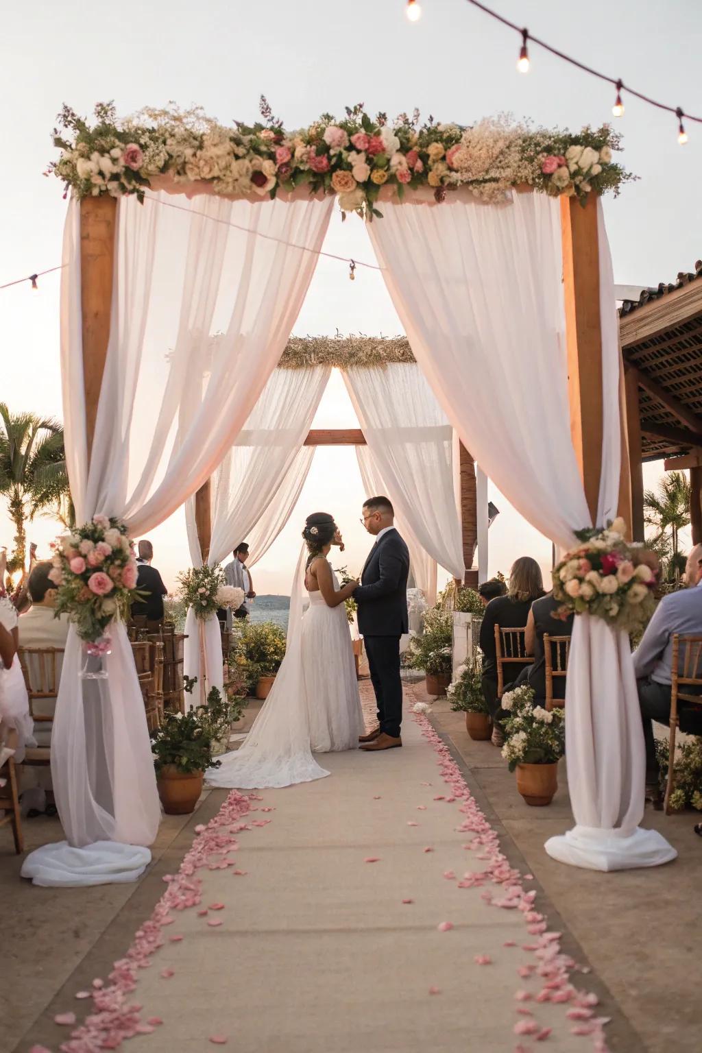 Passionate shade fabrics framing a wedding ceremony.