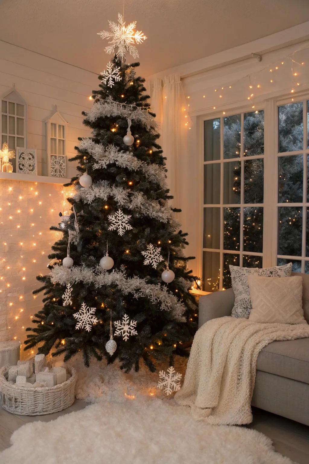 An ebony fir with a snowy, sophisticated presentation.