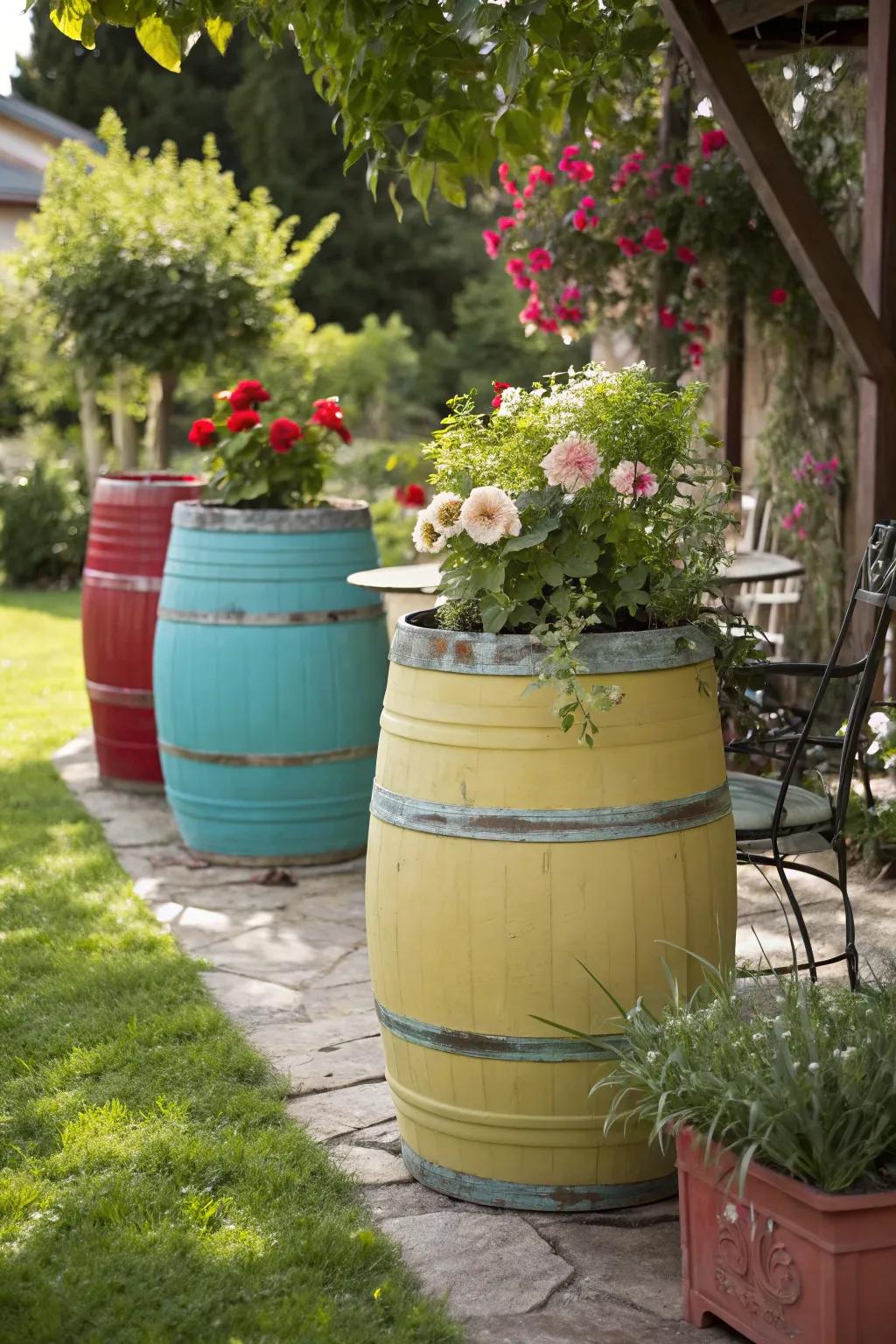 Elegantly upcycled and painted barrels