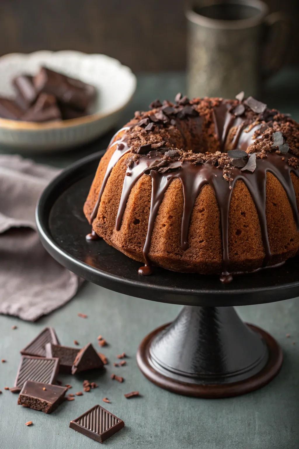 A ring cake featuring decadent chocolate splash and shavings.