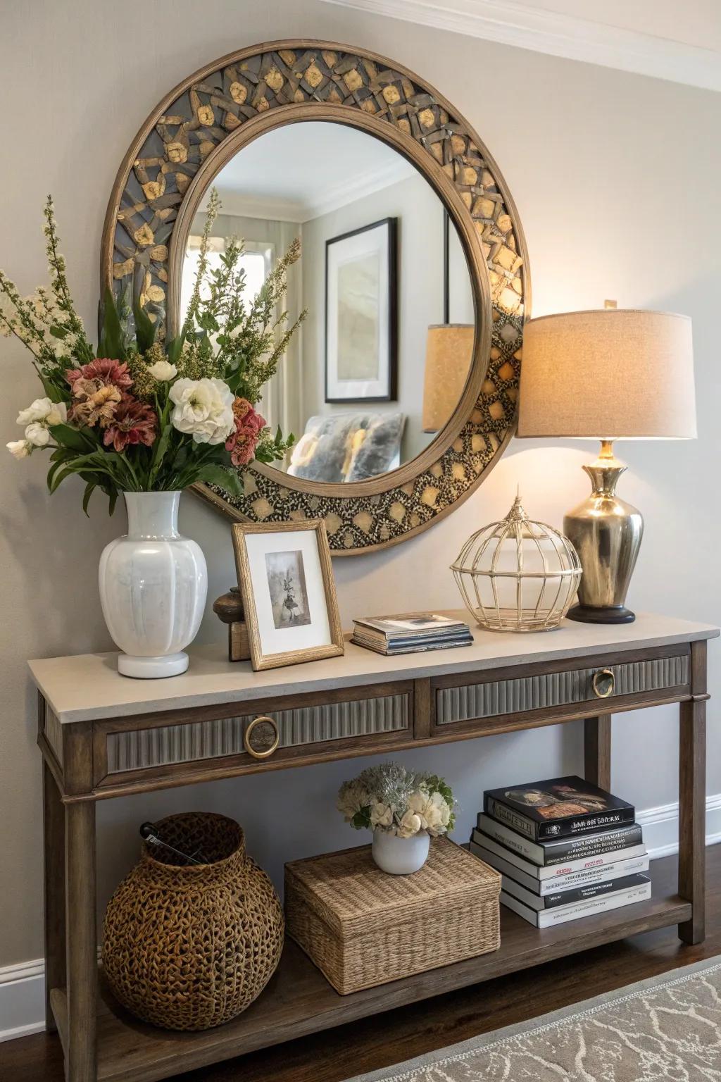 A mirror above a console table unites style with utility.