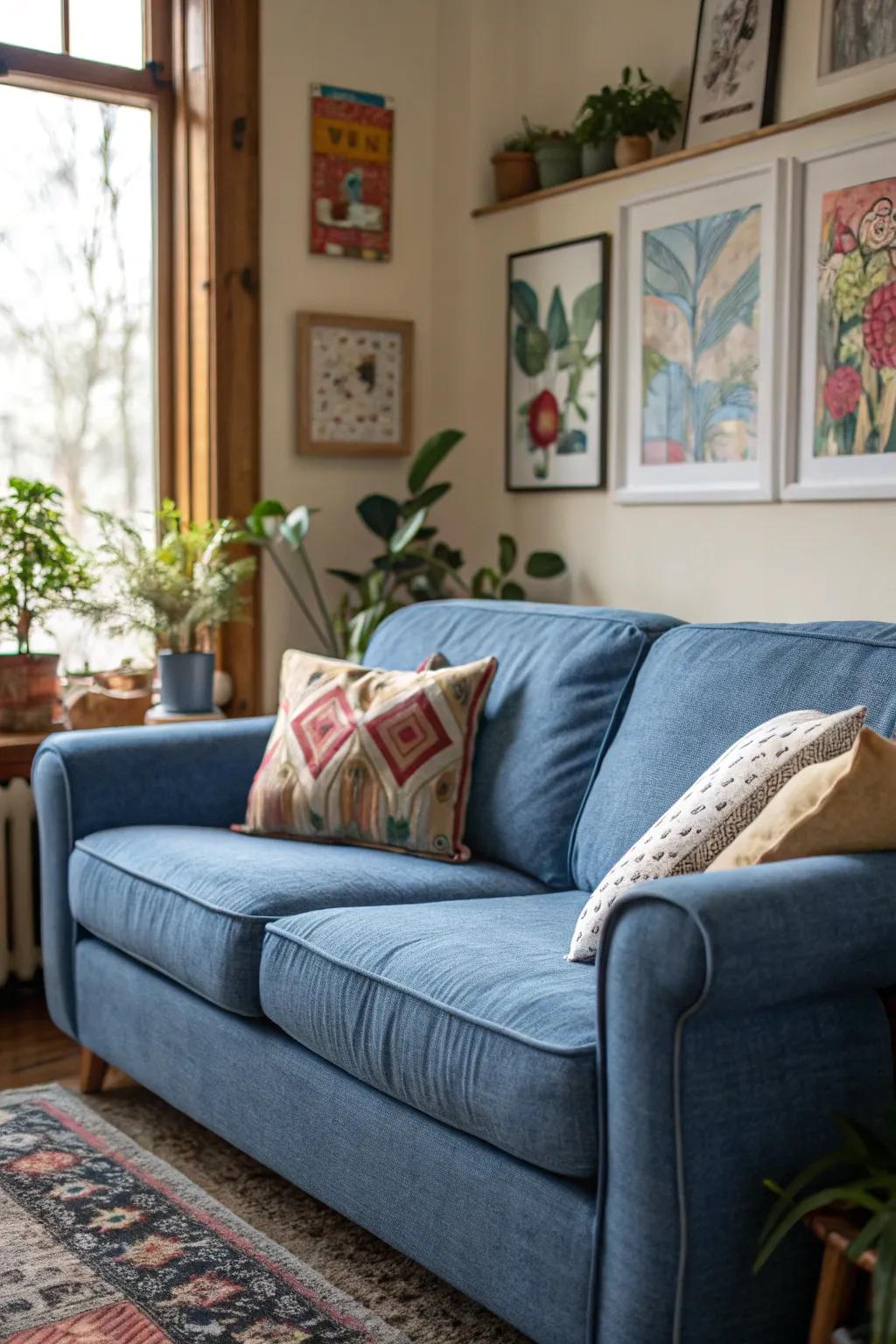 Decorative touches infuse warmth into a horizon hue couch arrangement.