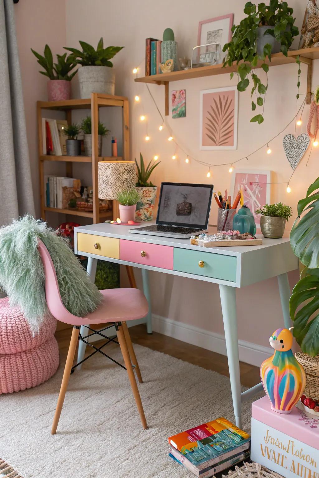 Pastel desks give a lively feel to any creative area.