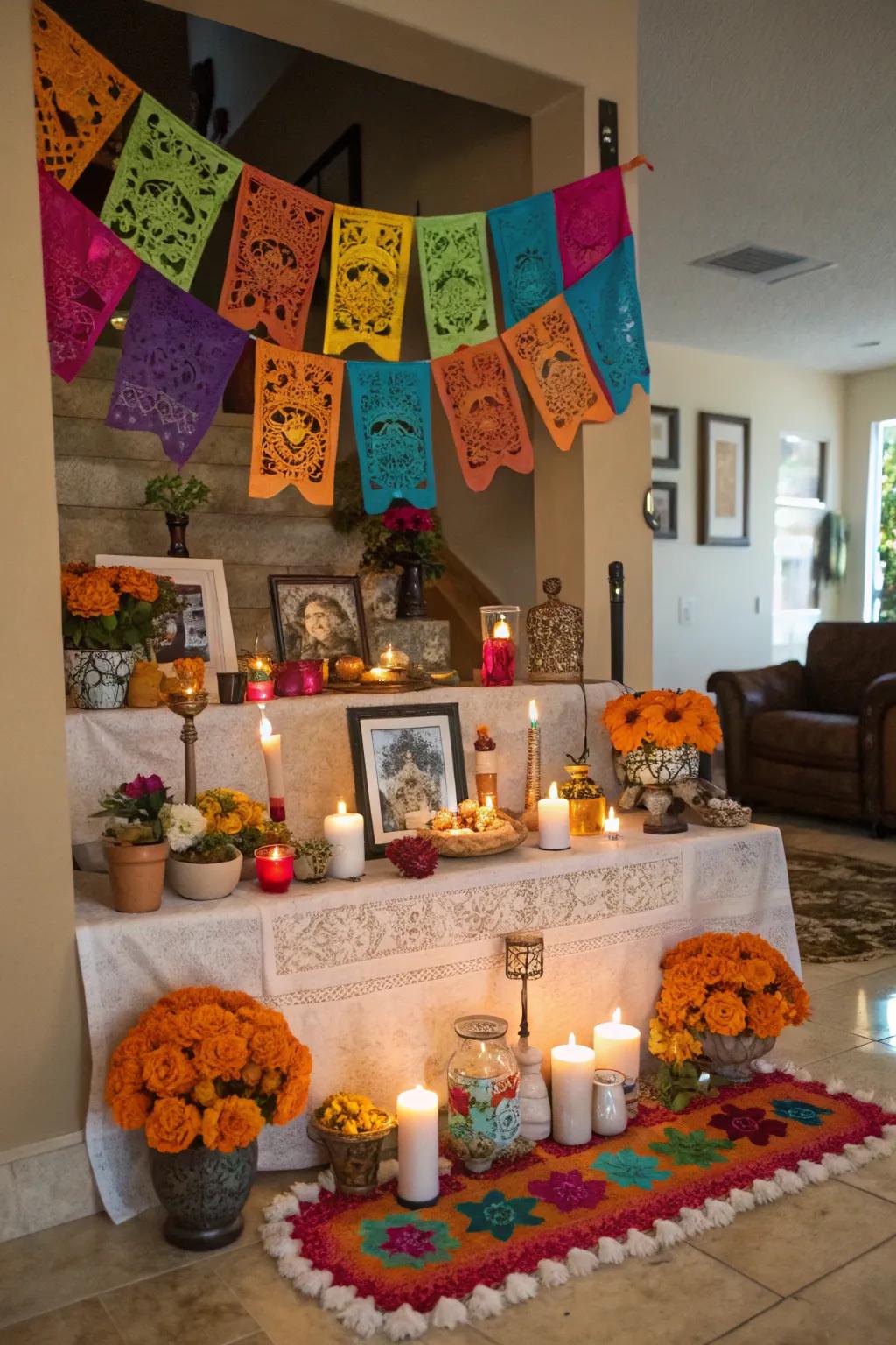 Cut paper banners bring a festive and subtle element to the altar.
