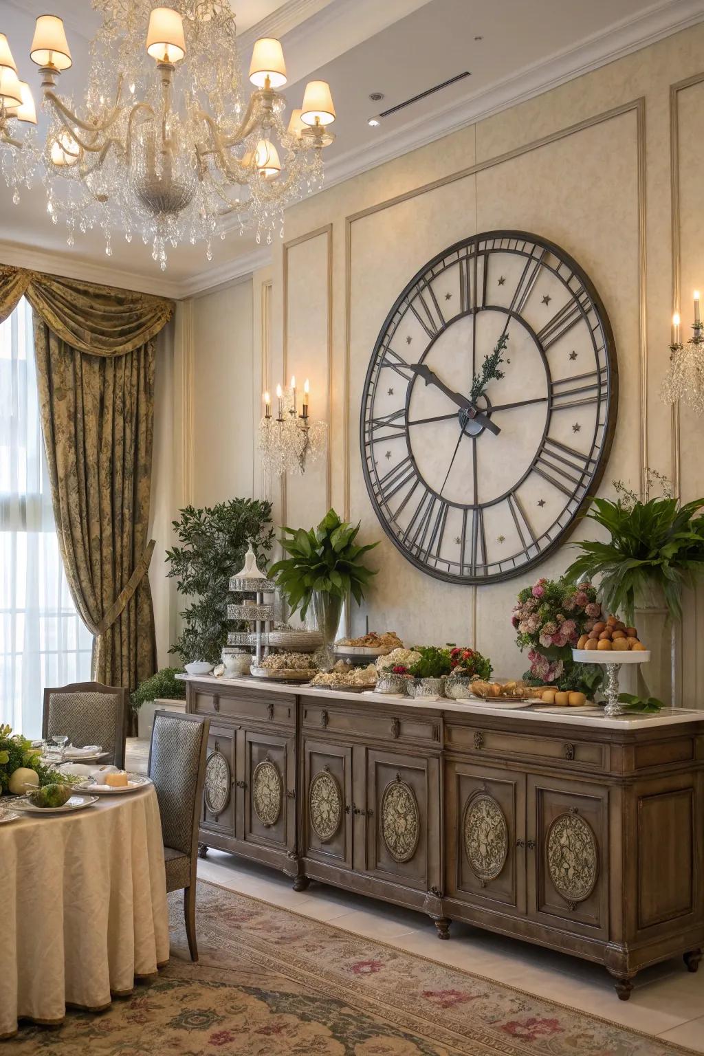 A grand clock acts as a functional and elegant center attraction.
