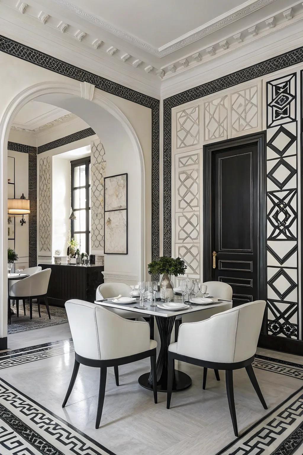 A traditional dark and light dining space radiating timeless elegance.