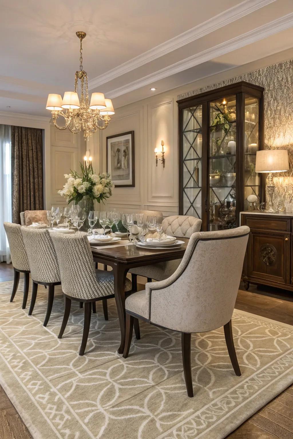 A detailed rug defines and warms the dining area.