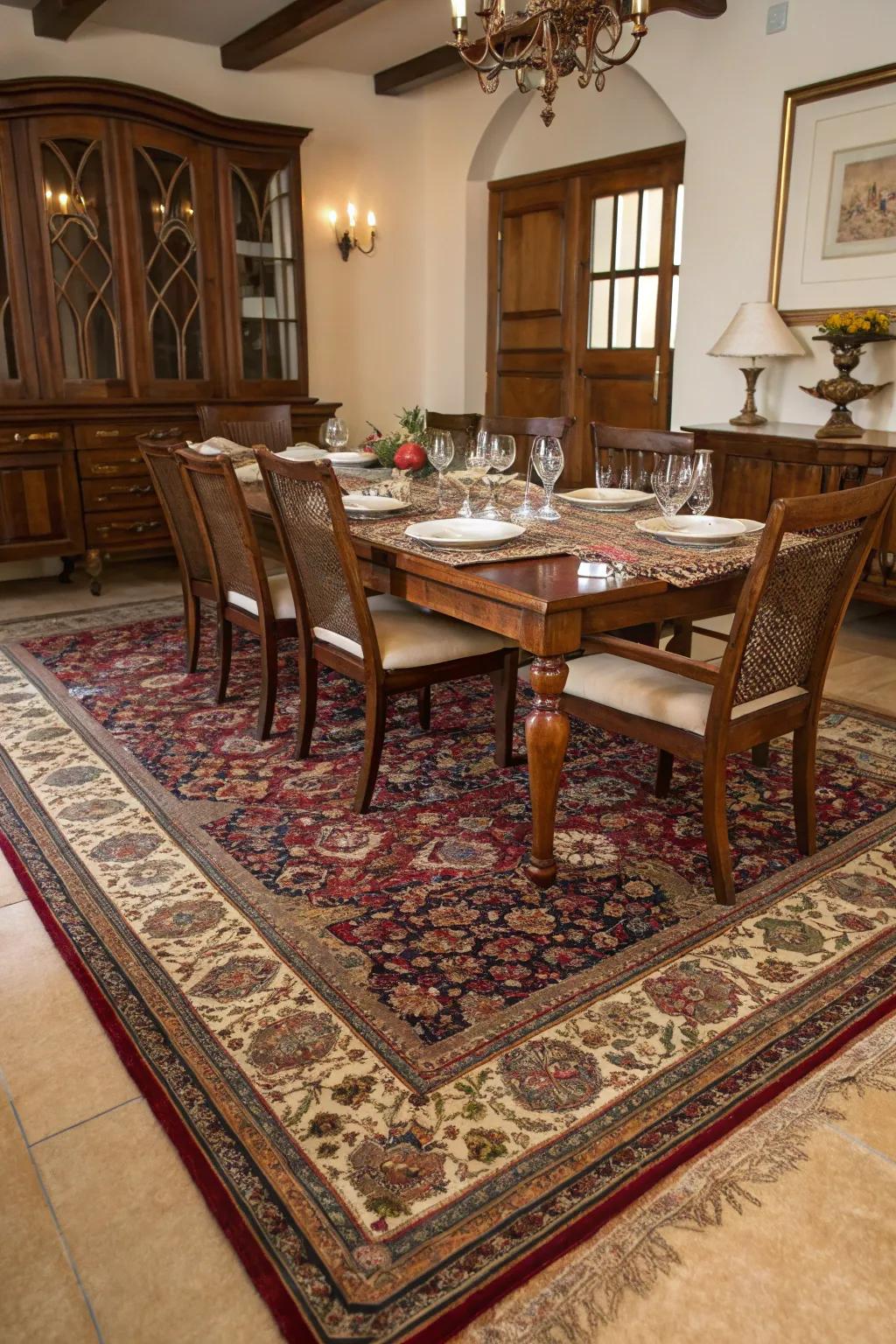 Iranian carpets adding enduring refinement to the eating space.