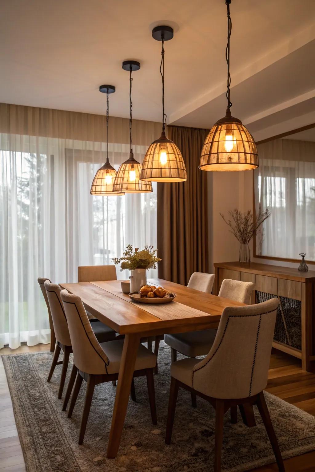 Atmospheric lighting with pendant lights sets a cozy dining mood.