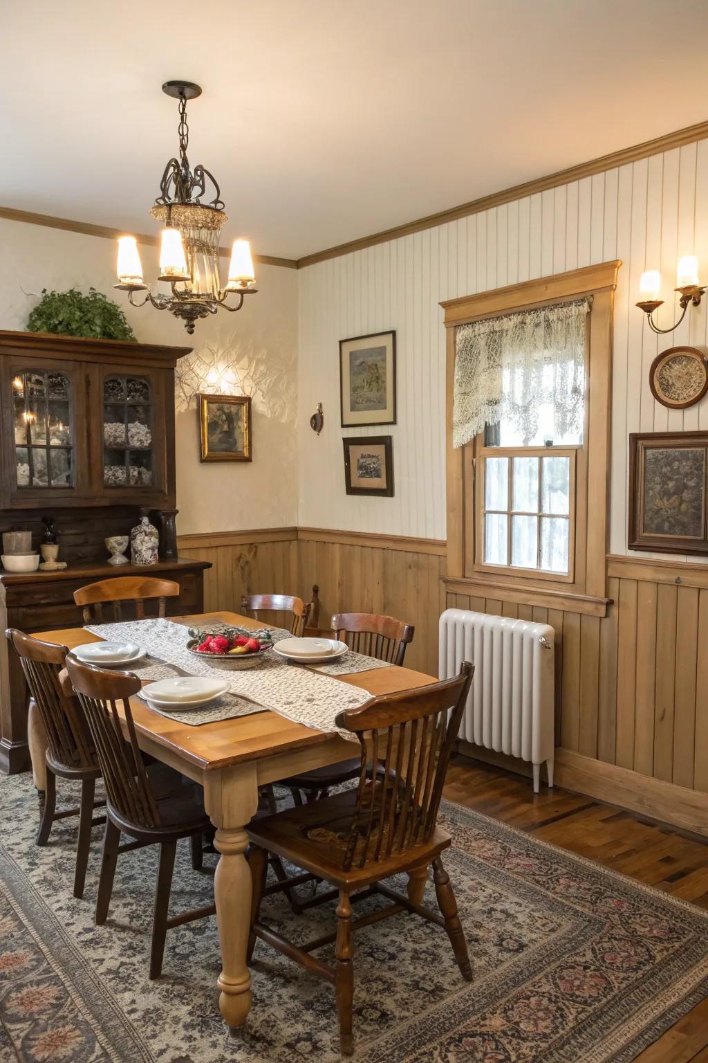 Boarded wainscoting enriches this dining space with a dash of class and texture.
