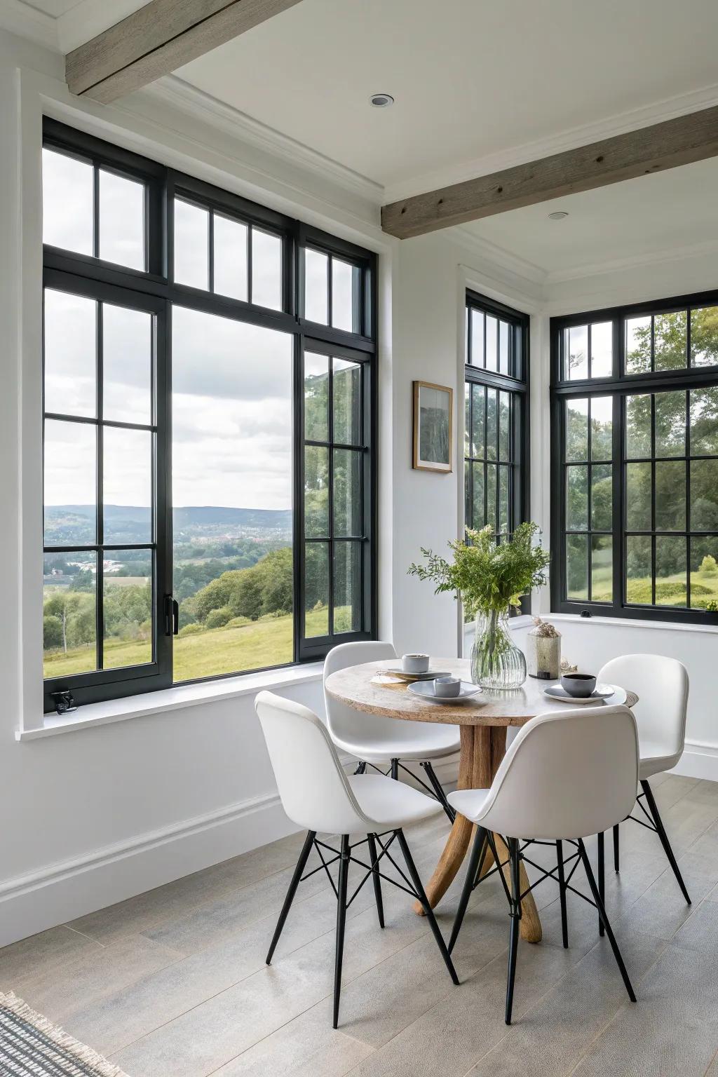 Contrasting frames give a dramatic element to your dining area windows.