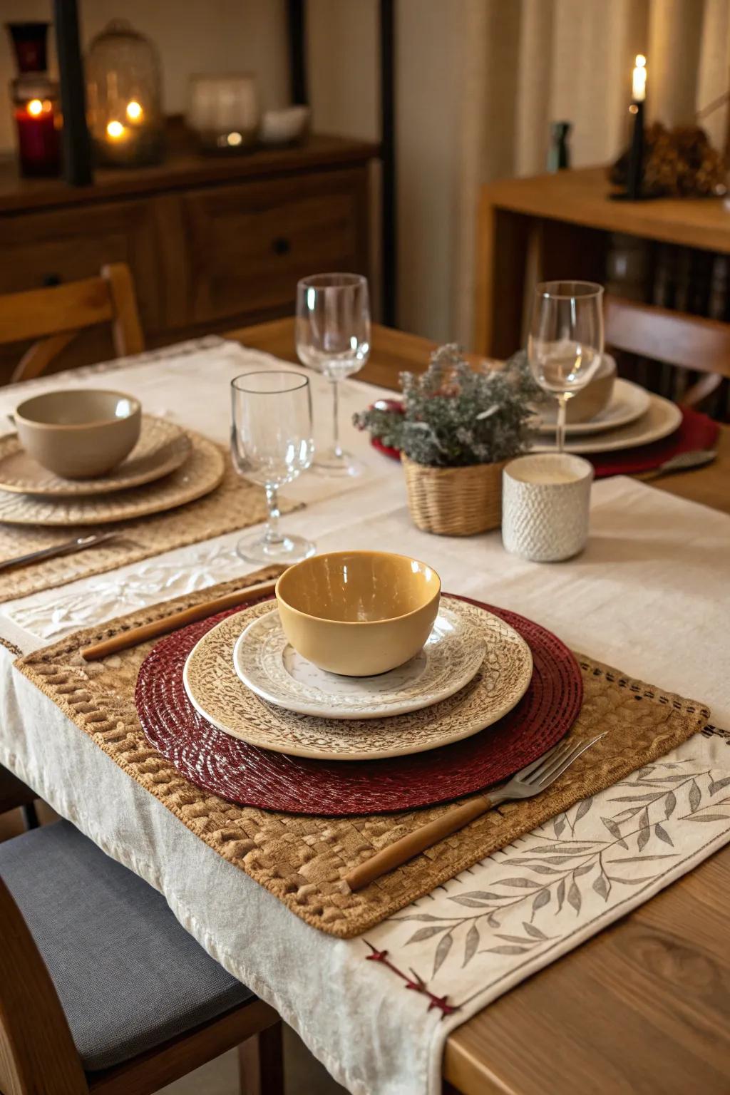 A dining table featuring layered table overlays and textured placemats.