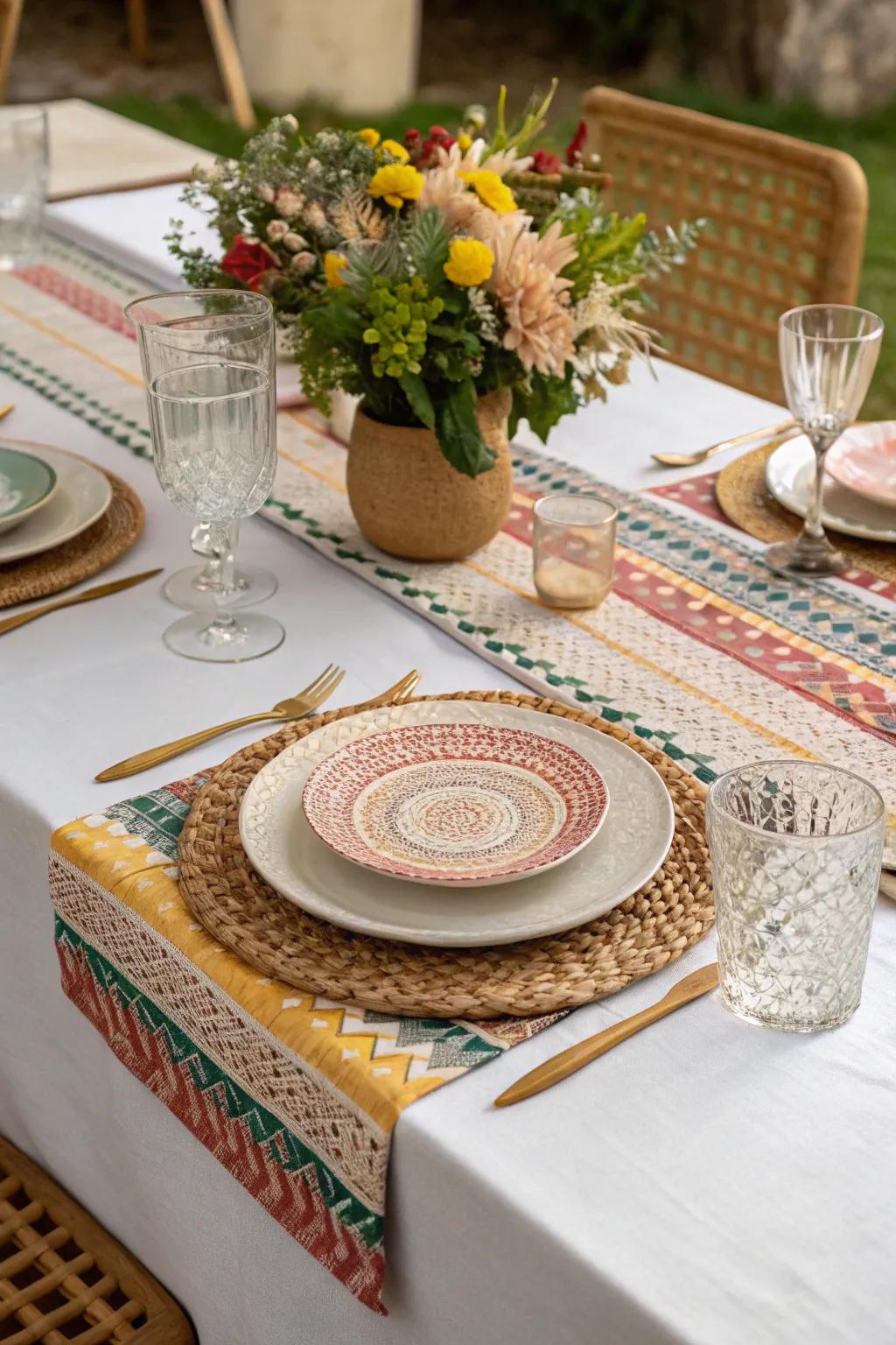 Assembled textures introduce depth and curiosity to a dinner table display.