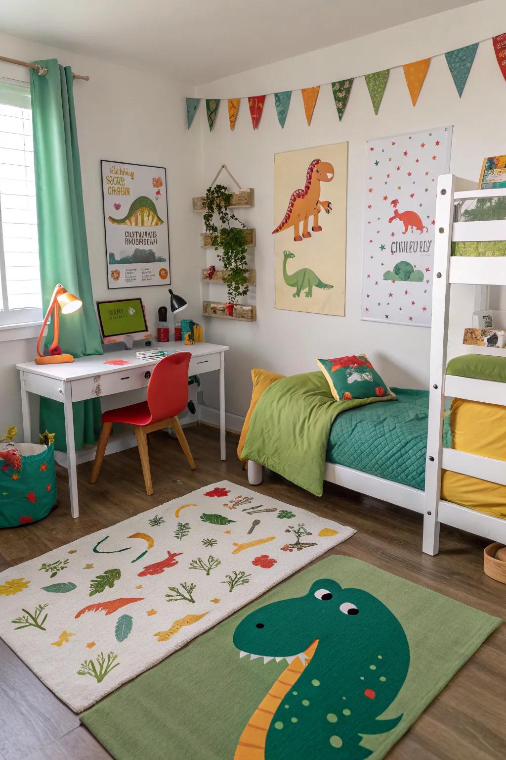 Furniture displaying dinosaur designs that complement the space's theme.