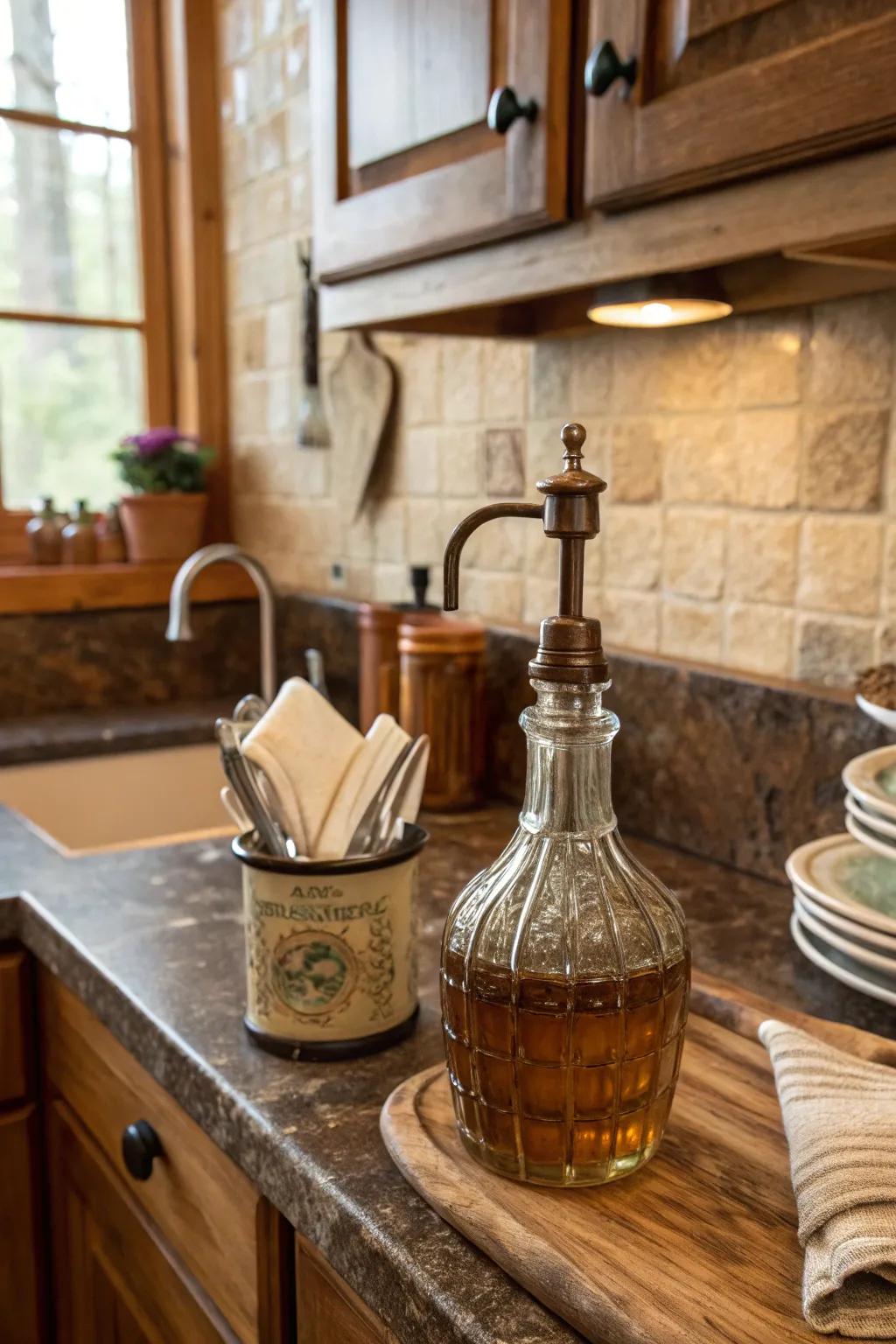 Old-time cooking oil bottles inject nostalgia plus style.