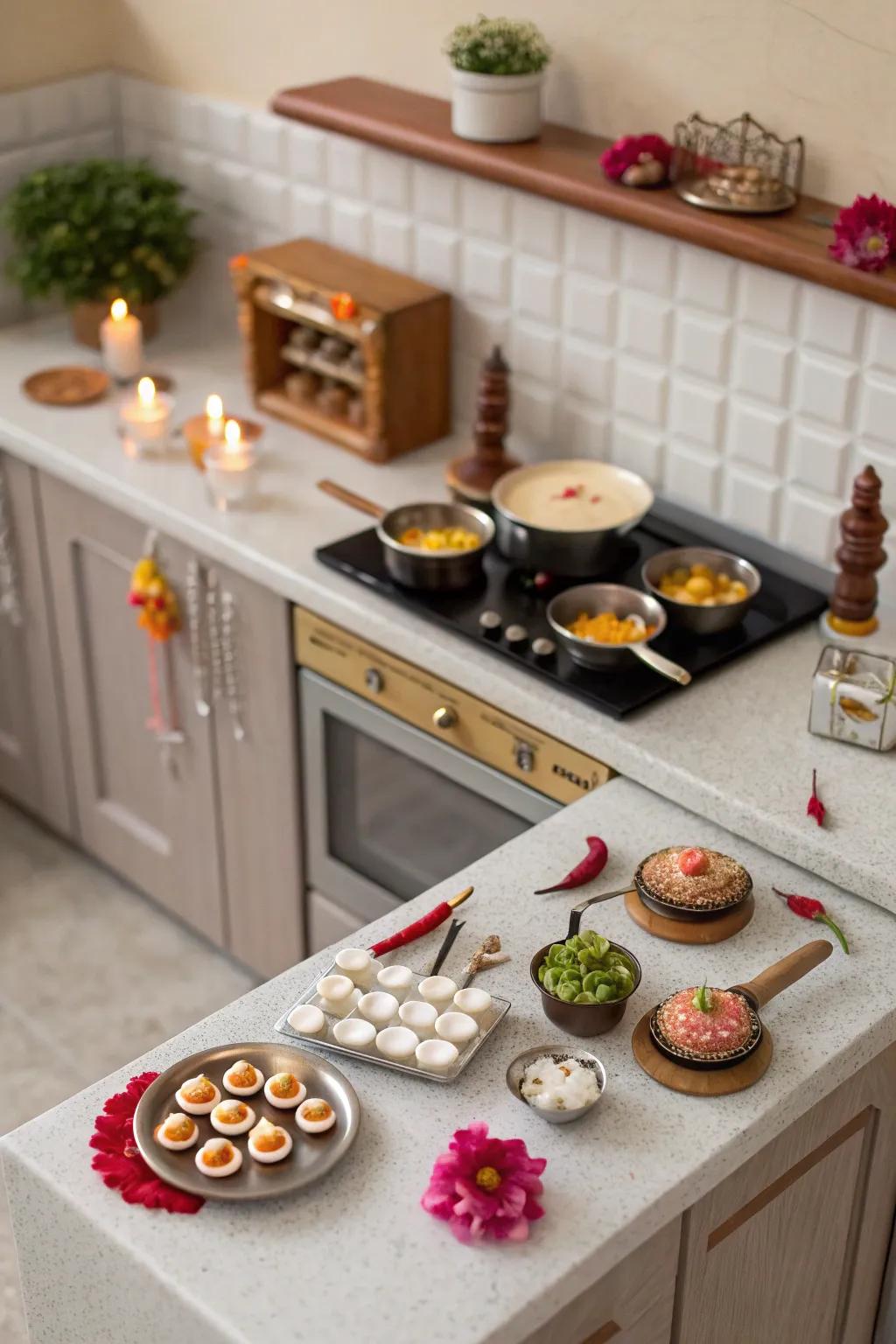 A petite culinary space panorama infuses warmth into the Golu presentation.