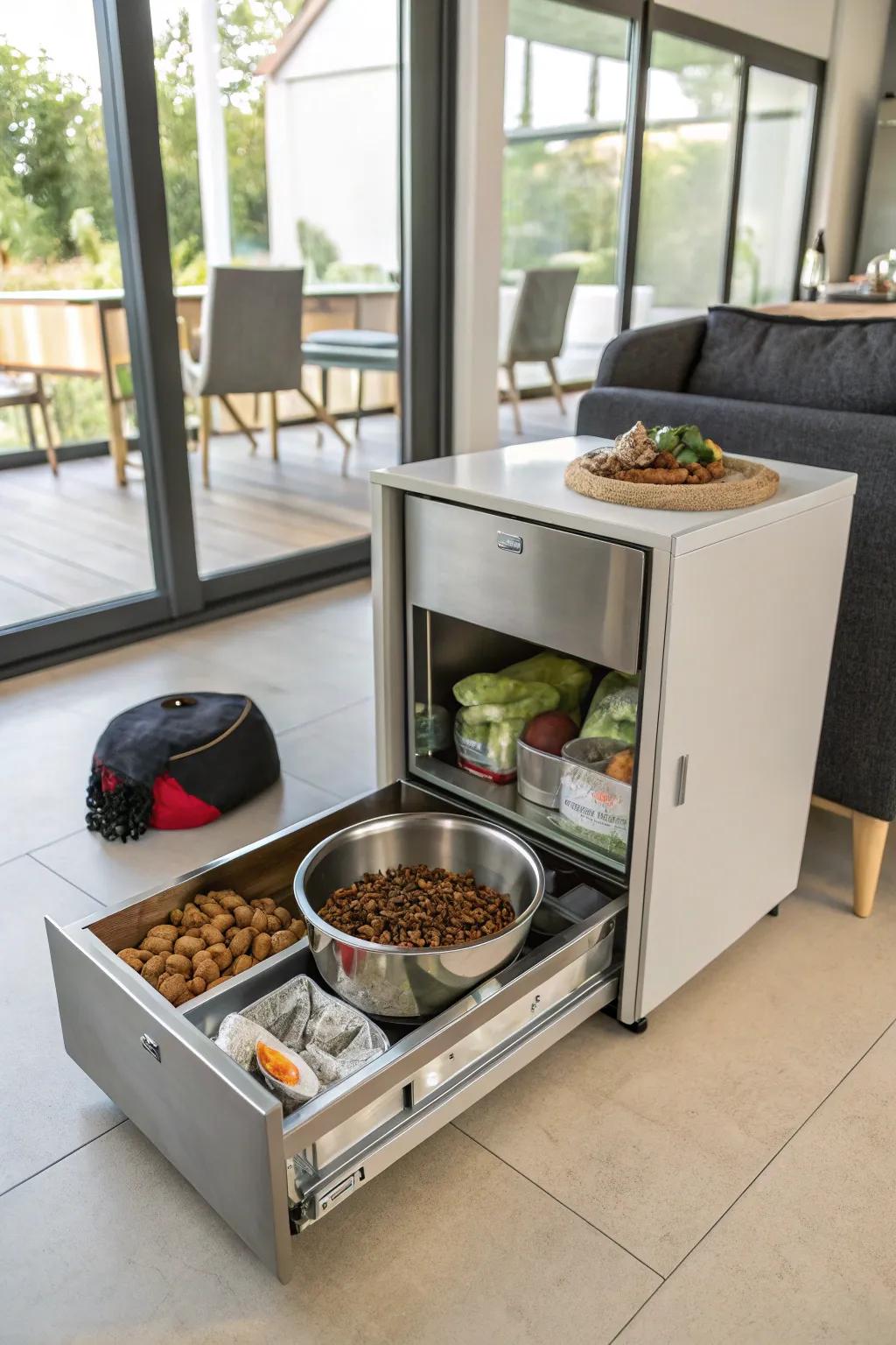 A consolidated unit merges feeding and storage in a streamlined, contemporary design.