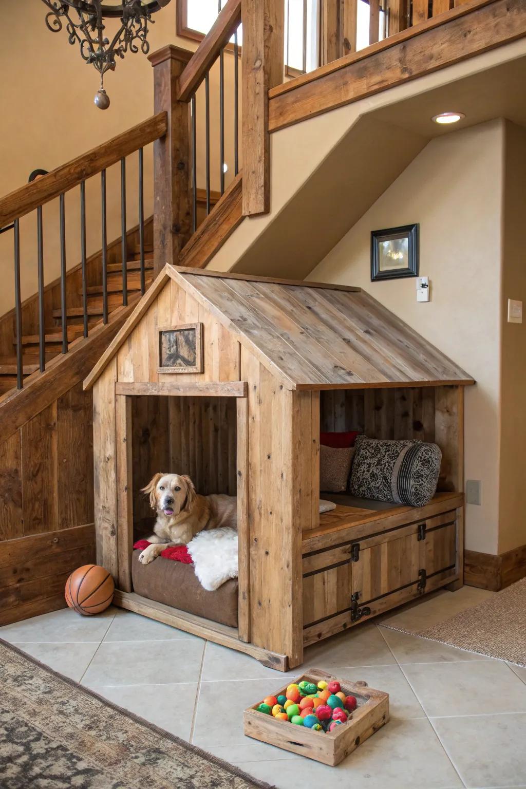 A DIY dog nook made from upcycled wood includes rustic charm and personal style.