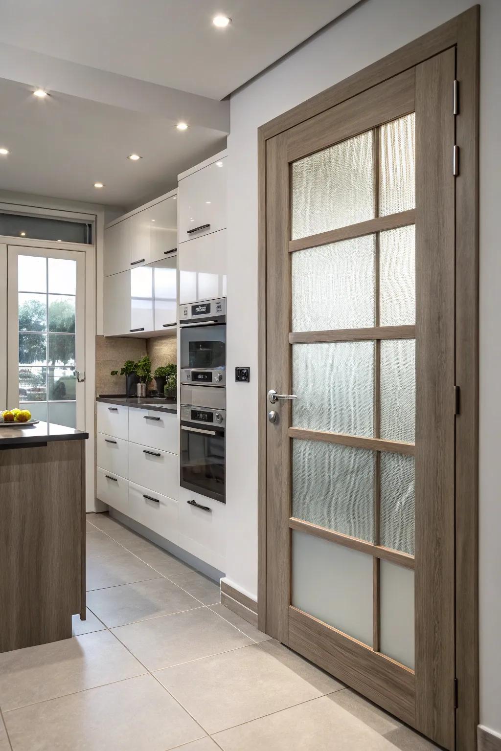 Privacy complements light using textured glass paneling.