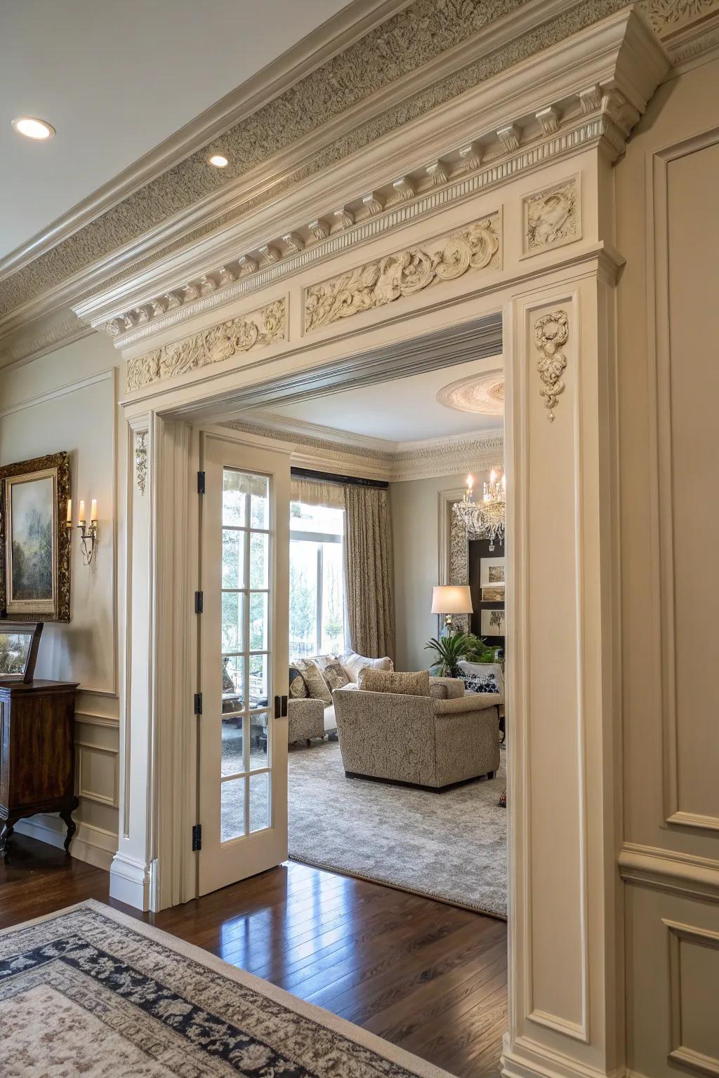 The elegant touch of crown molding on the door trim elevates this upscale living area.