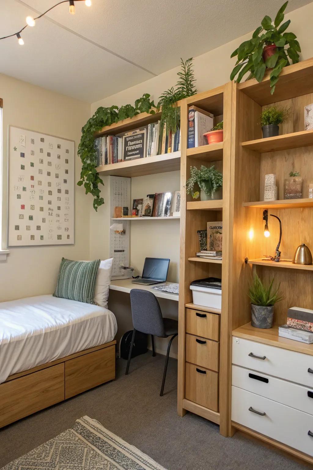 An organized dorm room featuring clever storage solutions for a neat appearance.