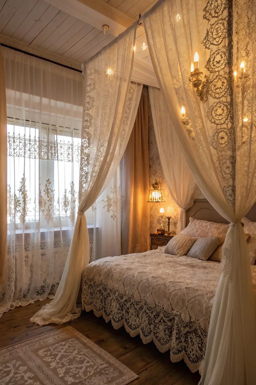 Patterned and silk curtains evoke a romantic atmosphere.