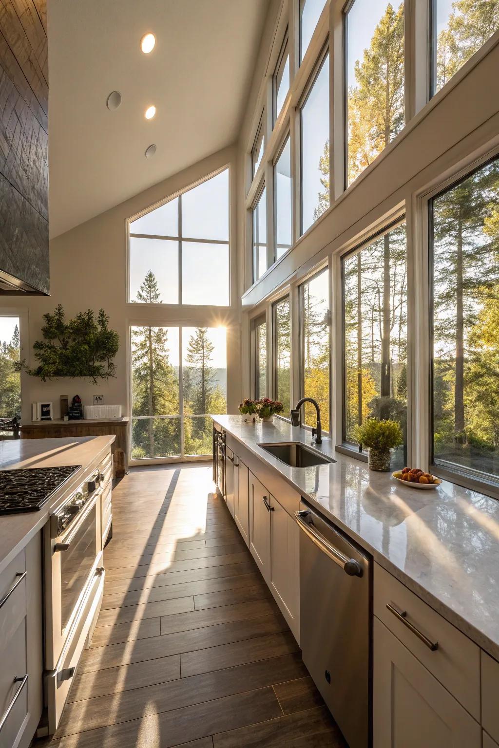 A cooking area filled with sunlight from expansive windows.