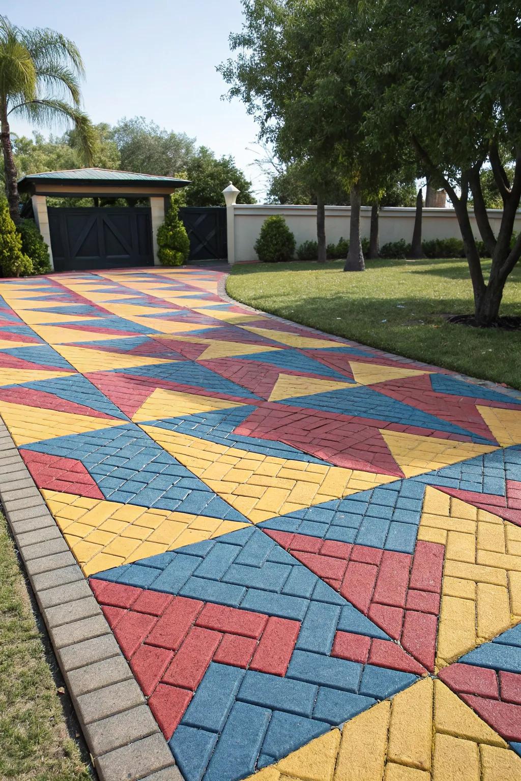 An artistic driveway featuring striking geometric block arrangements.