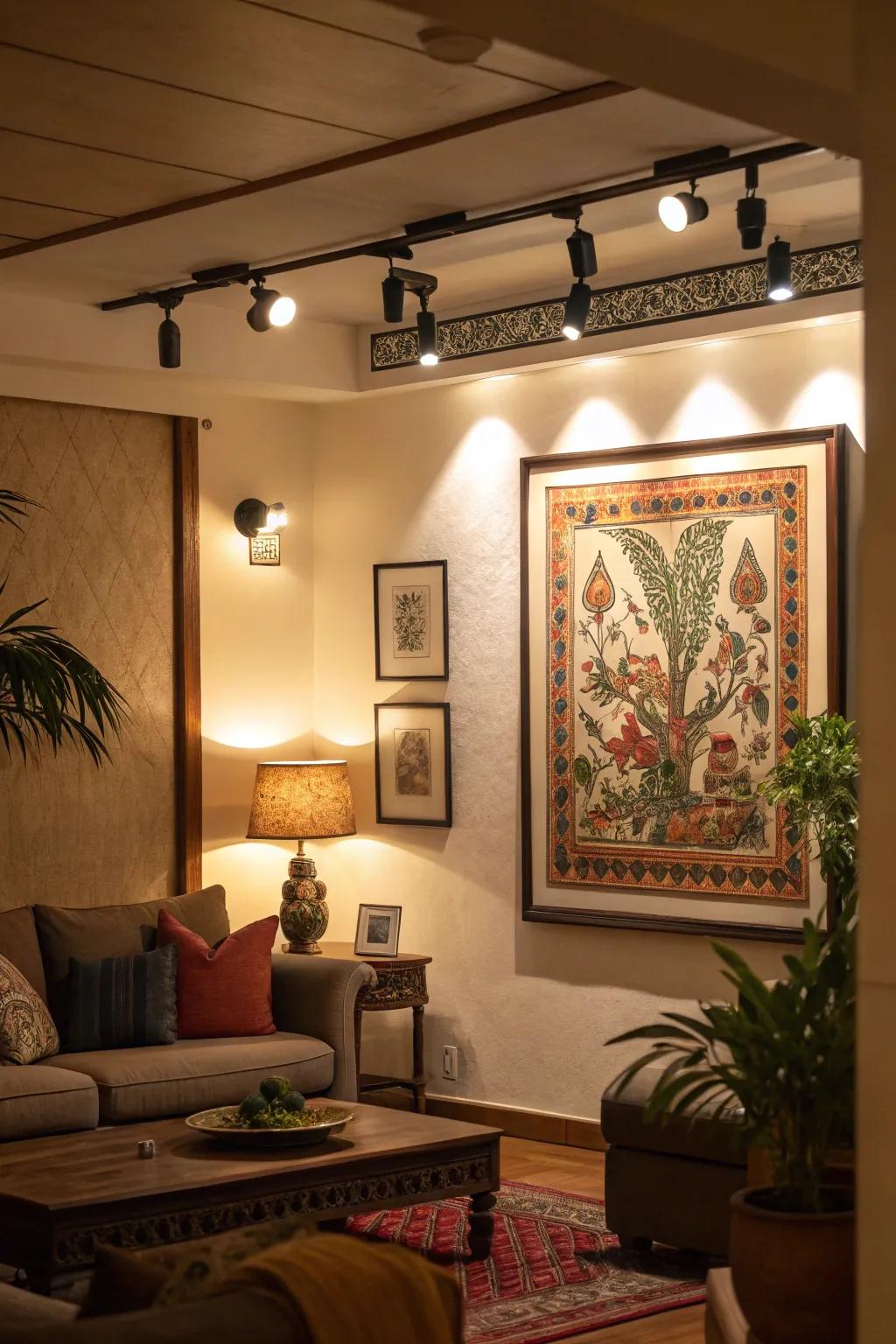 Spotlights accentuate the artwork in this refined family room.