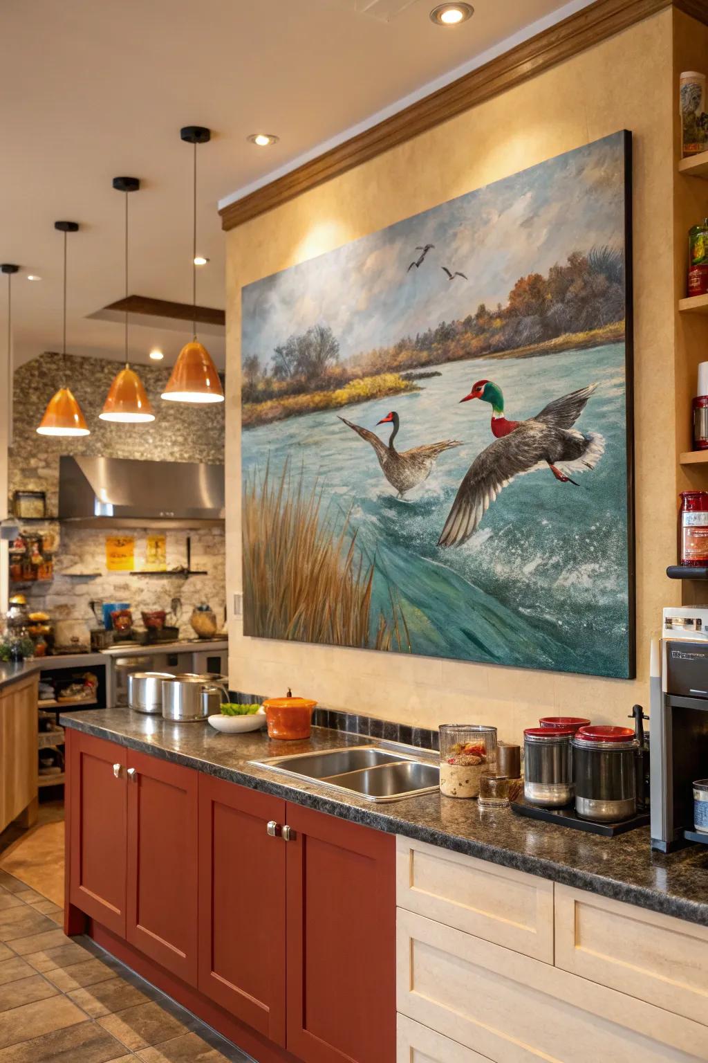 A painting of an aquatic bird in motion infuses dynamic energy into any space.