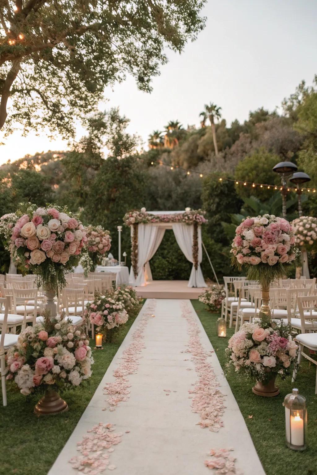 Outdoor wedding location decorated with vintage rose ornaments.