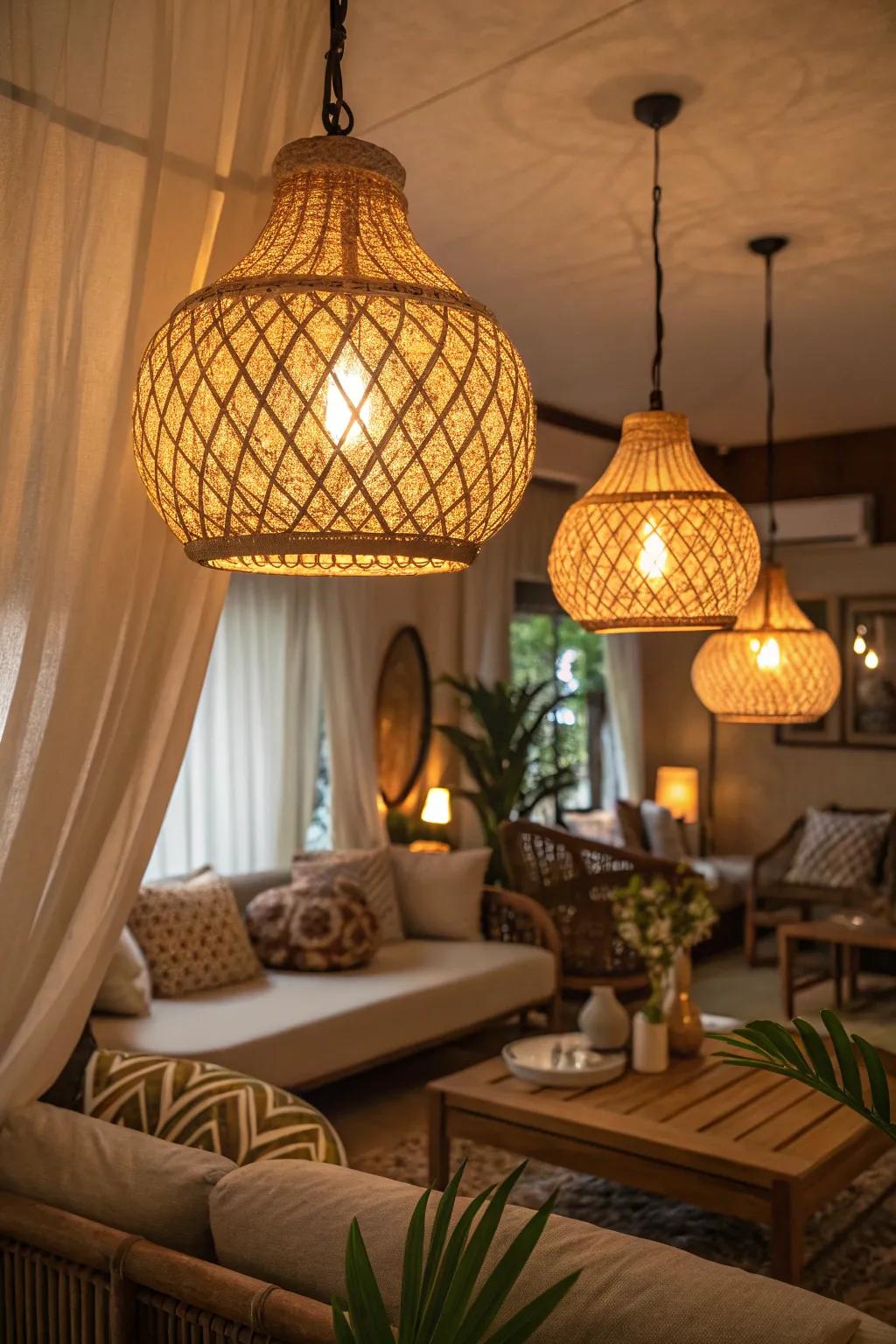 Area illuminated by temperate ambient luminescence emanating from woven lamps.