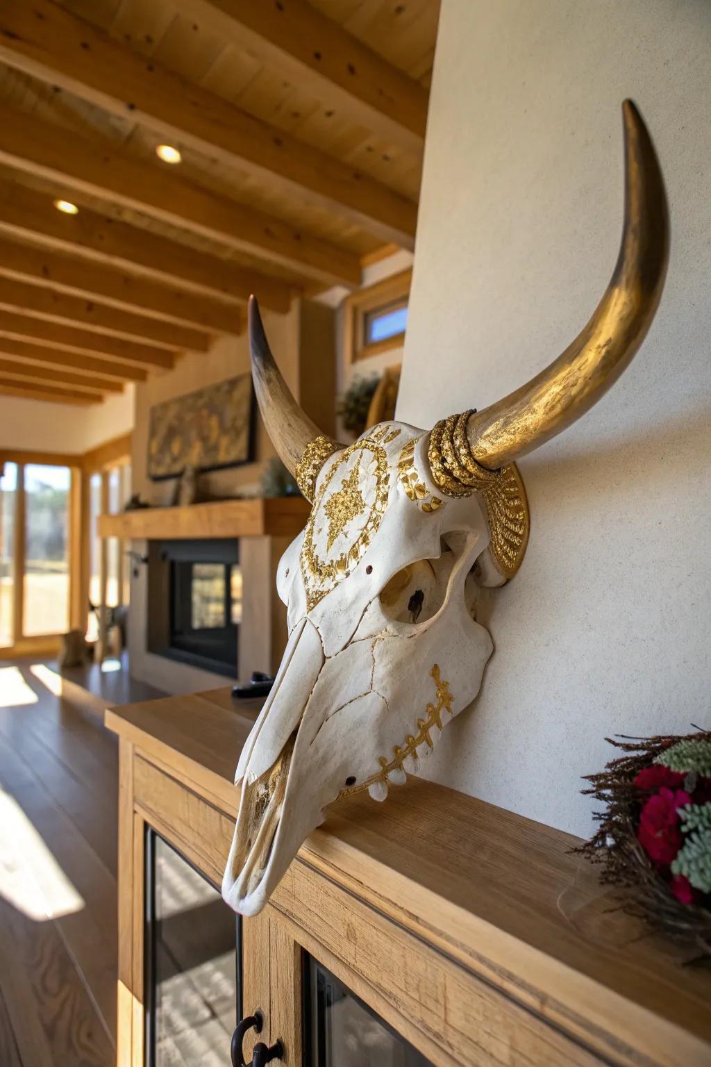 Gleaming embellishments introduce a sense of luxury to bovine skull decor.