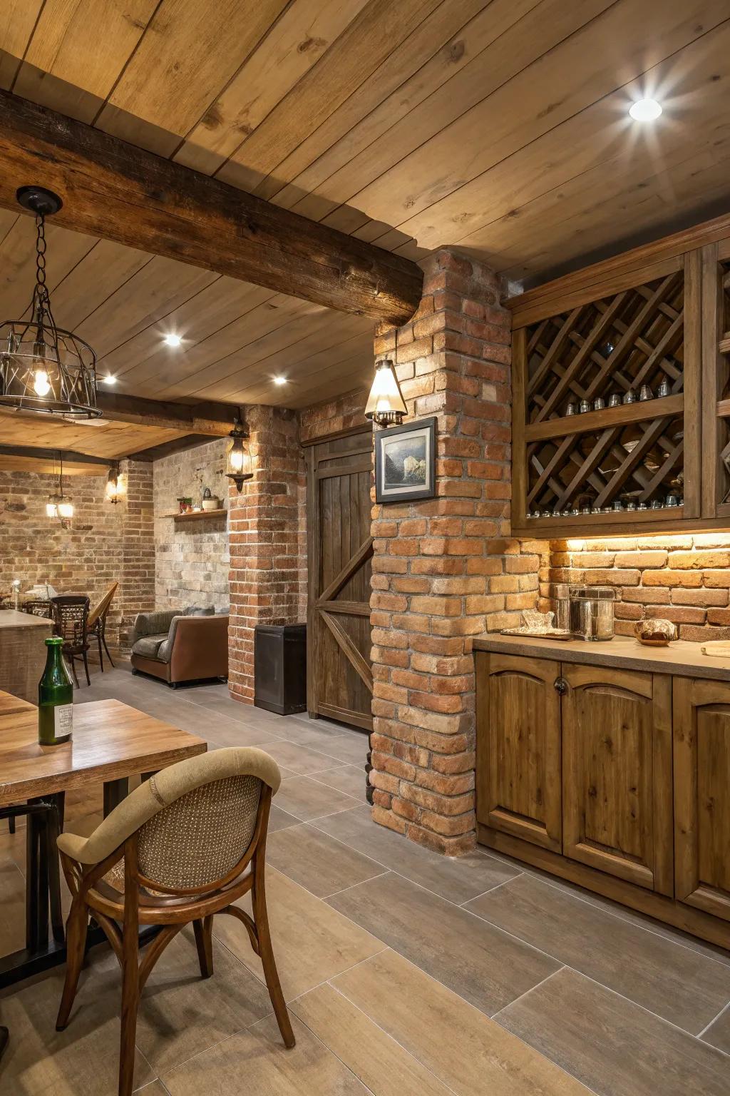 An interior space featuring reclaimed wood and bricks, creating a warm and inviting atmosphere.
