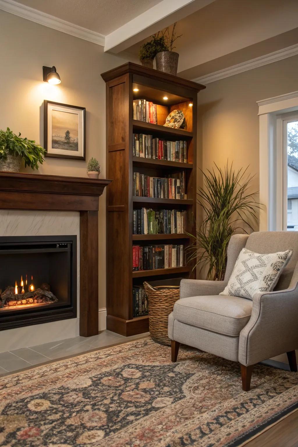 A snug reading nook featuring a built-in bookshelf and electric heat center
