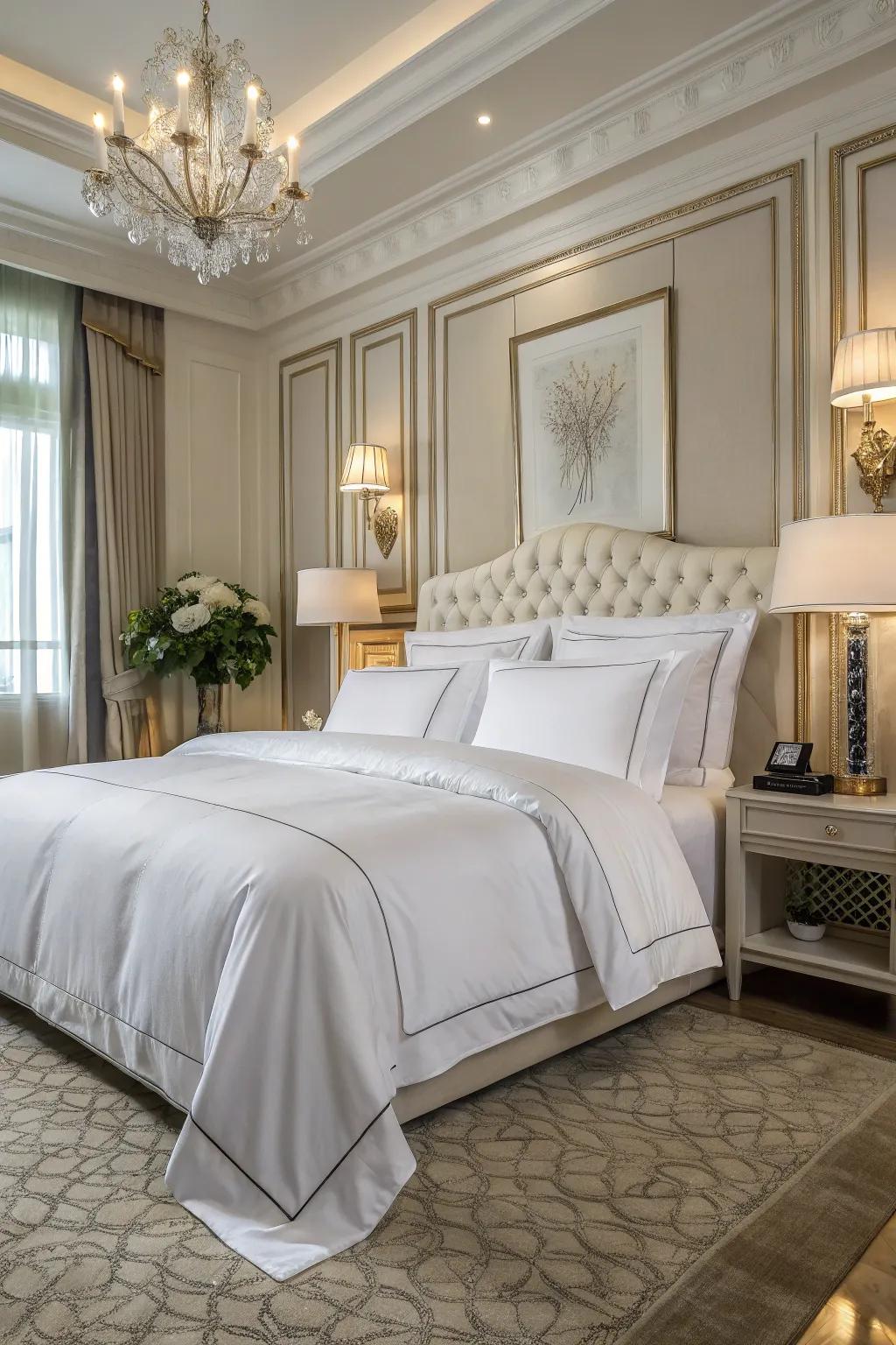 A luxurious bedroom featuring premium Egyptian cotton bedding.