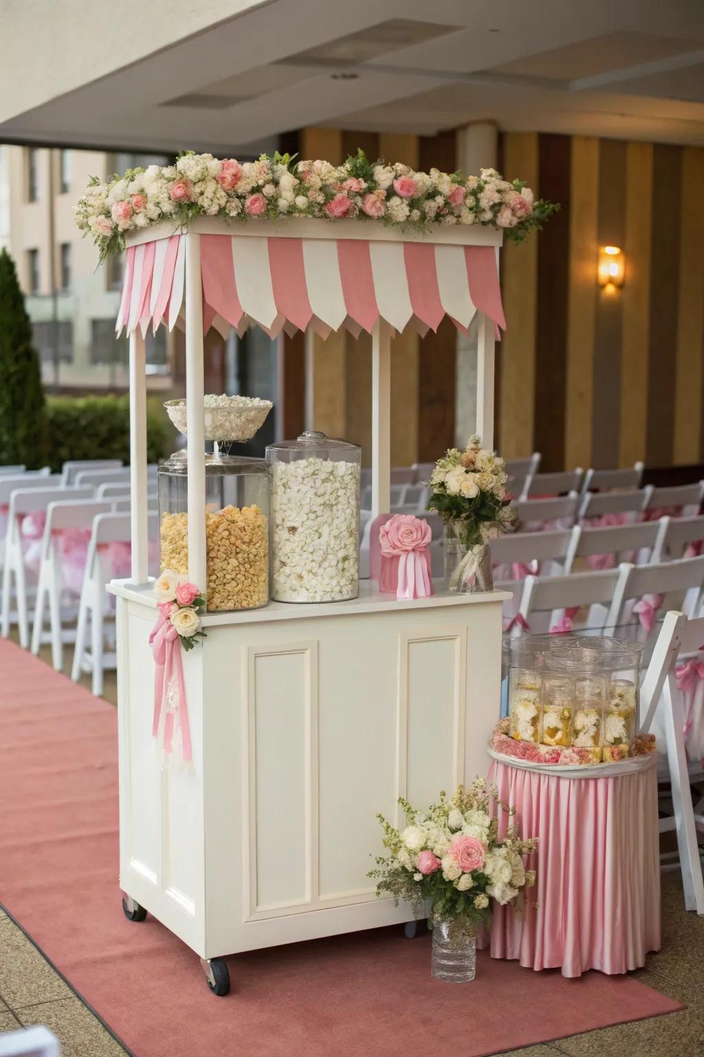 A themed popcorn station arrangement that perfectly matches the wedding's color scheme and decor.