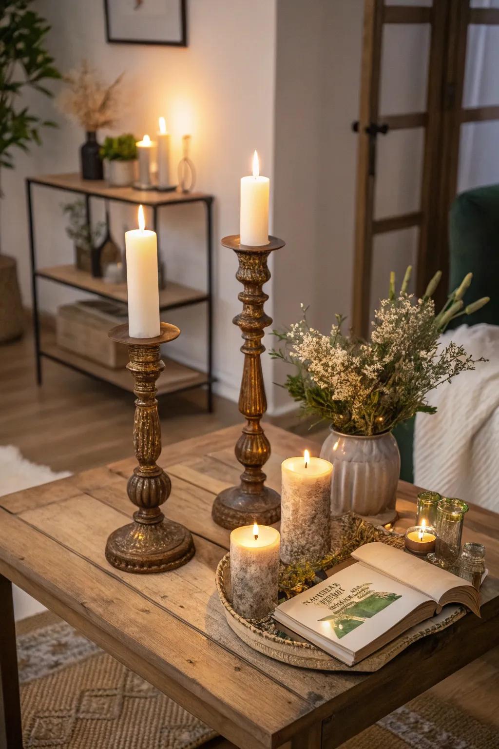 Candles in elegant holders enhancing a side table.