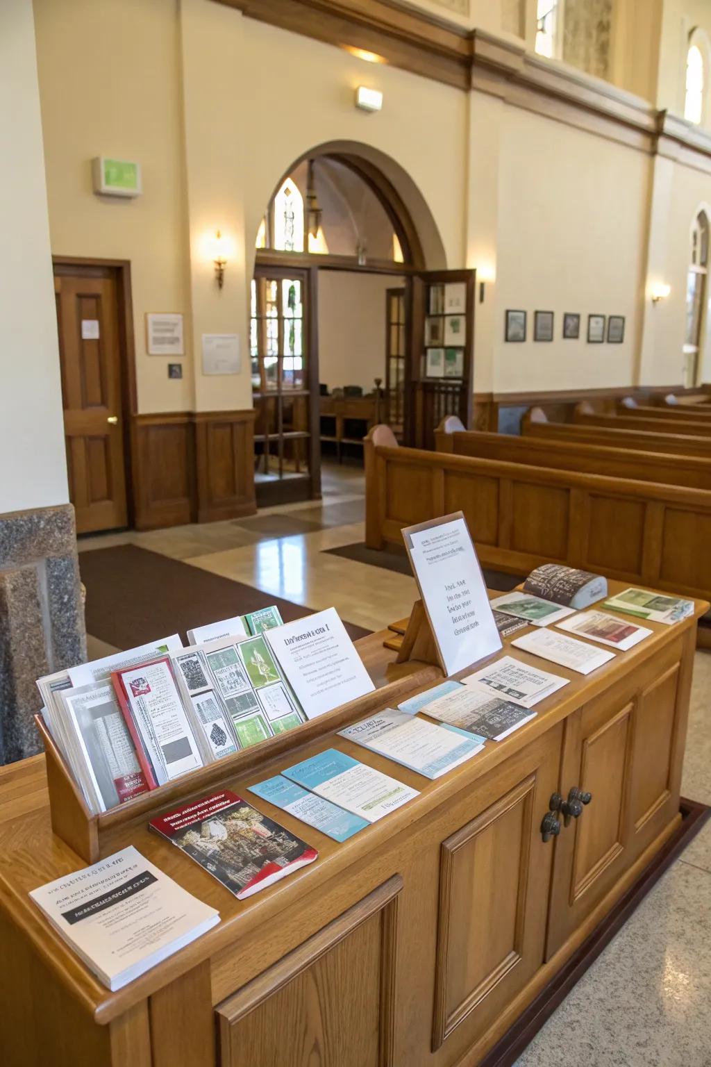 A well-organized information desk in the church foyer.