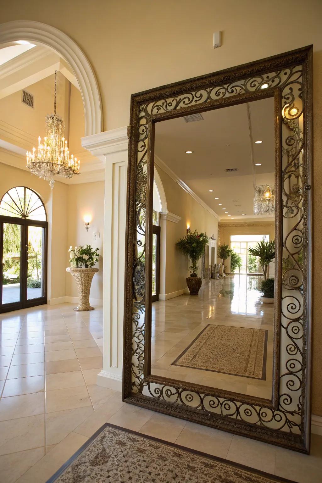 An entryway showcasing a large decorative glass that amplifies illumination and cultivates spaciousness.