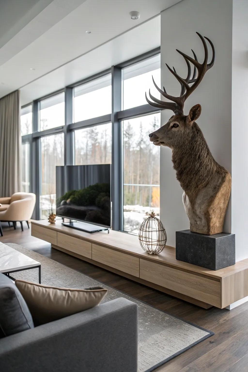 A skull mount on a ledge for a polished presentation.