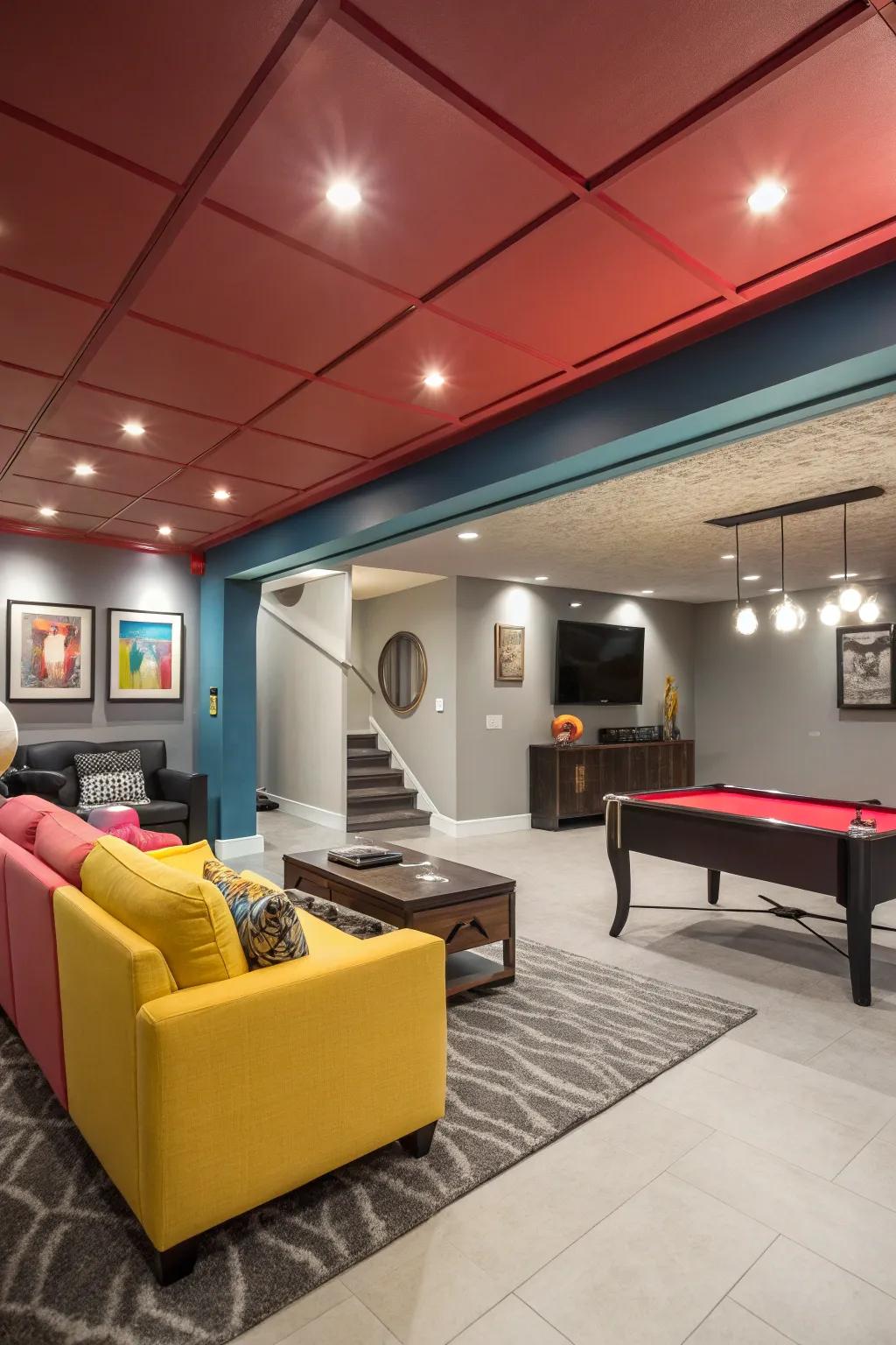 A vibrant and energetic basement showcasing a striking upper space hue.