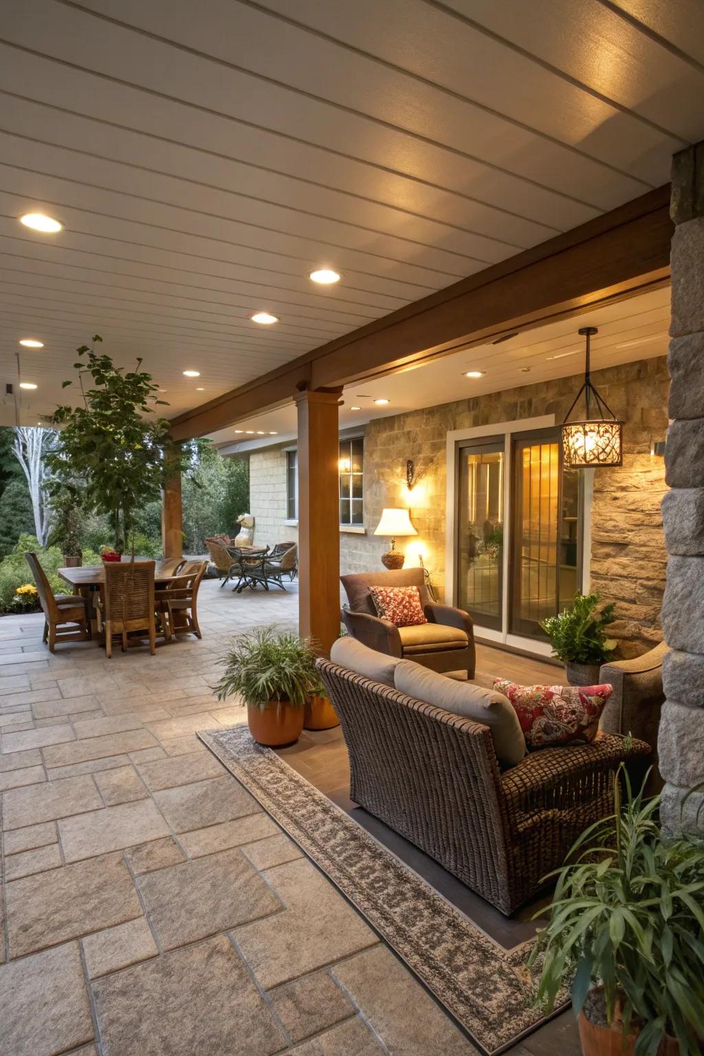 A unified shift between a basement and outdoor area with matching decor.